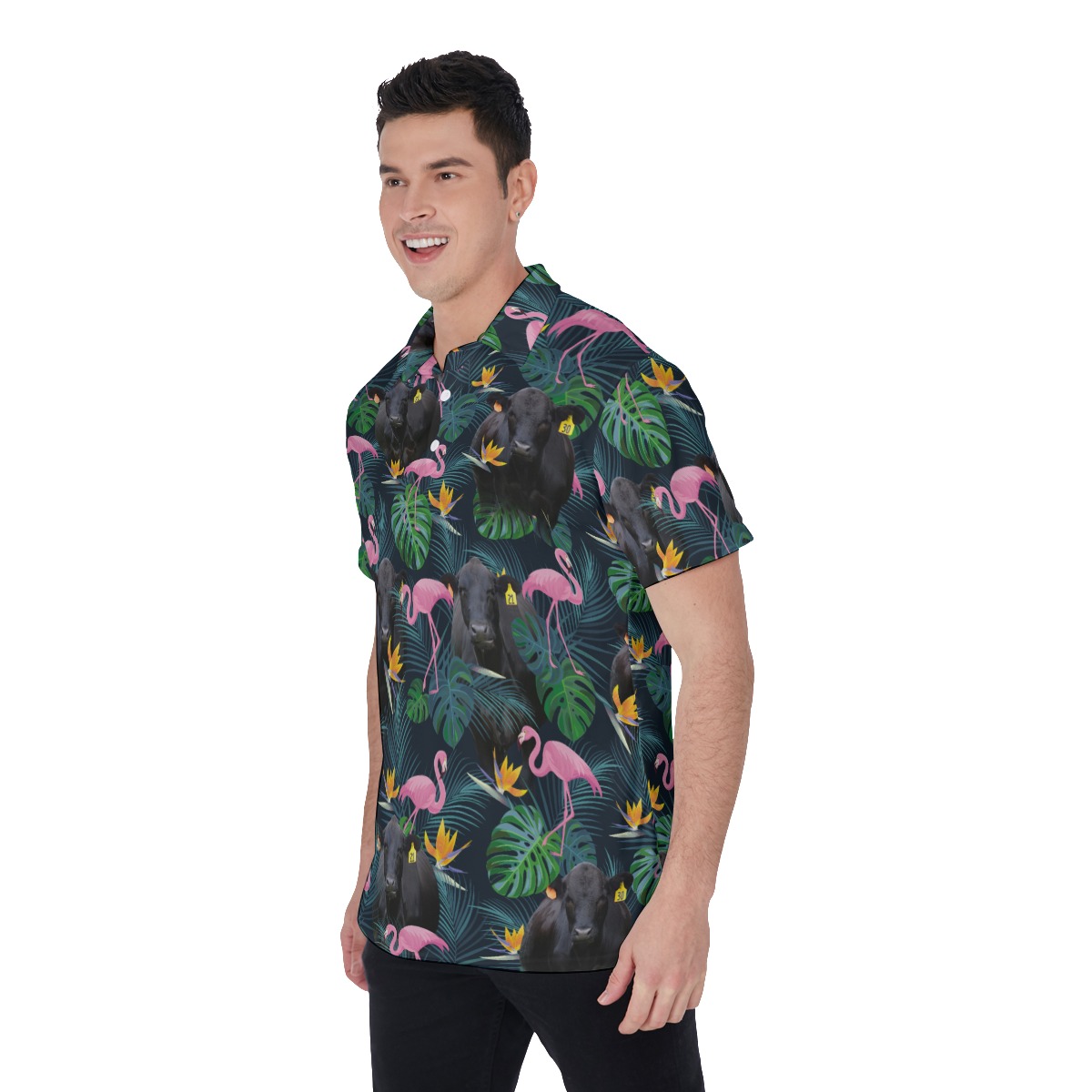 Black Angus Cow Tropical Flamingo Hawaiian Polo Shirt