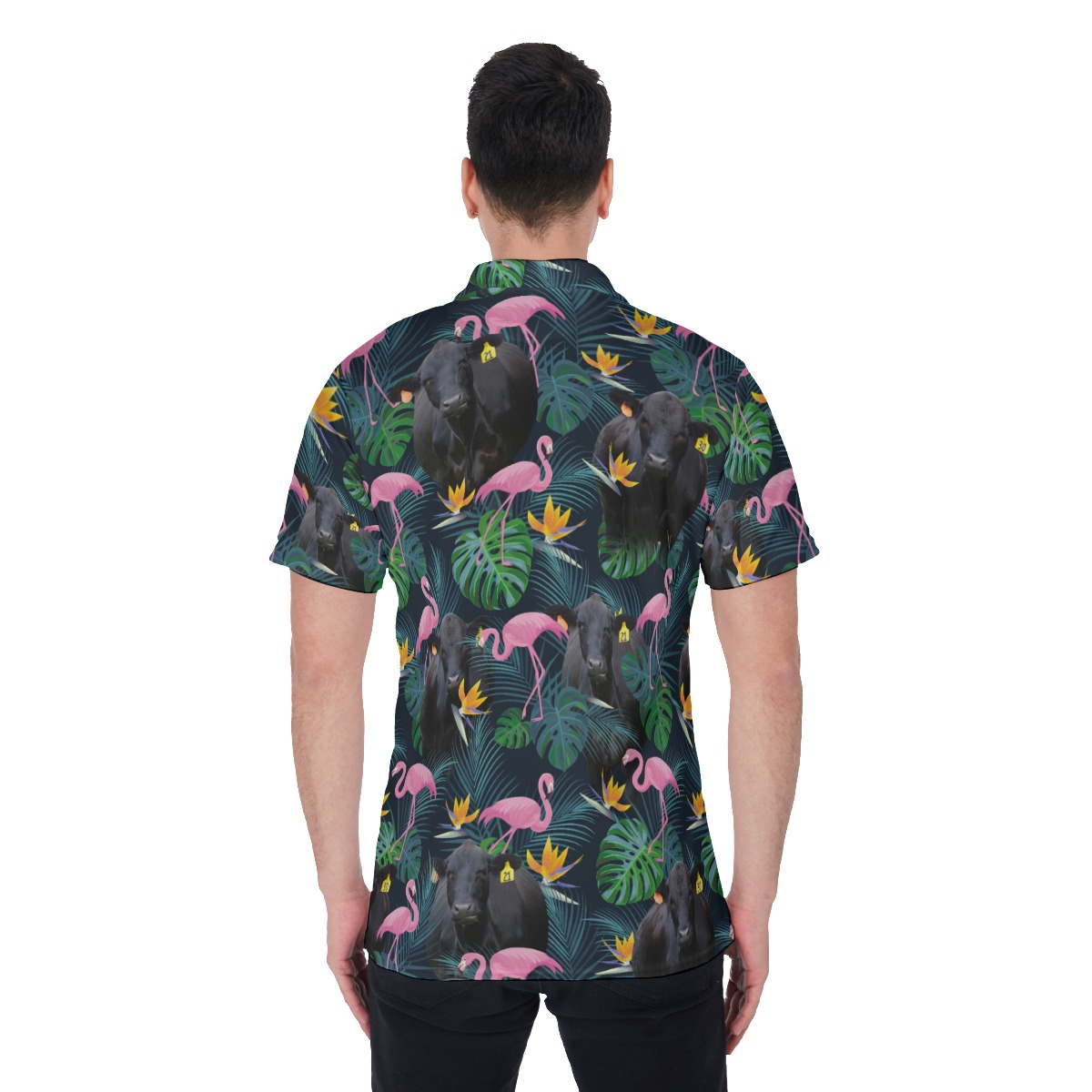 Black Angus Cow Tropical Flamingo Hawaiian Polo Shirt