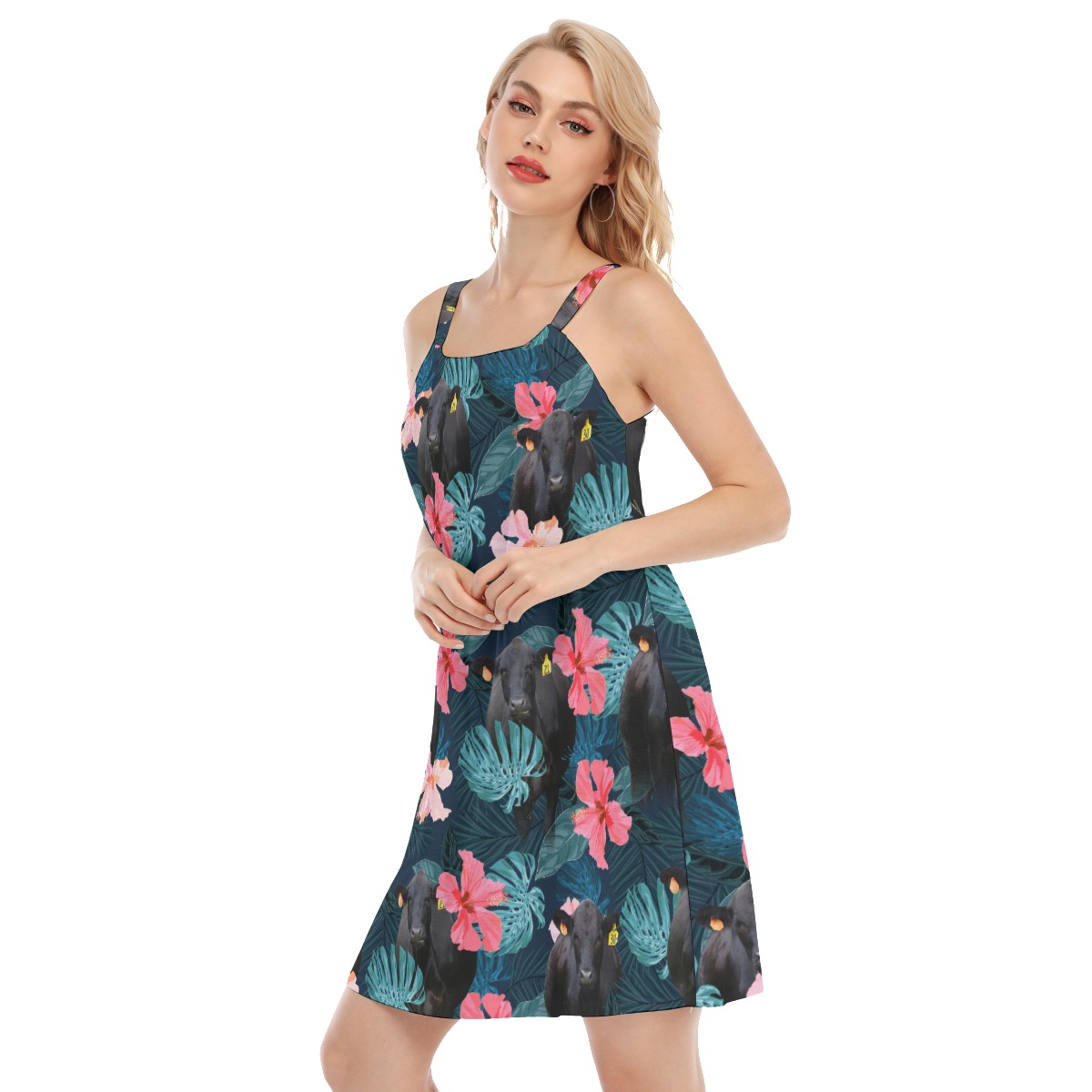 Hibiscus Black Angus Cow Aloha Cami Dresses For Women