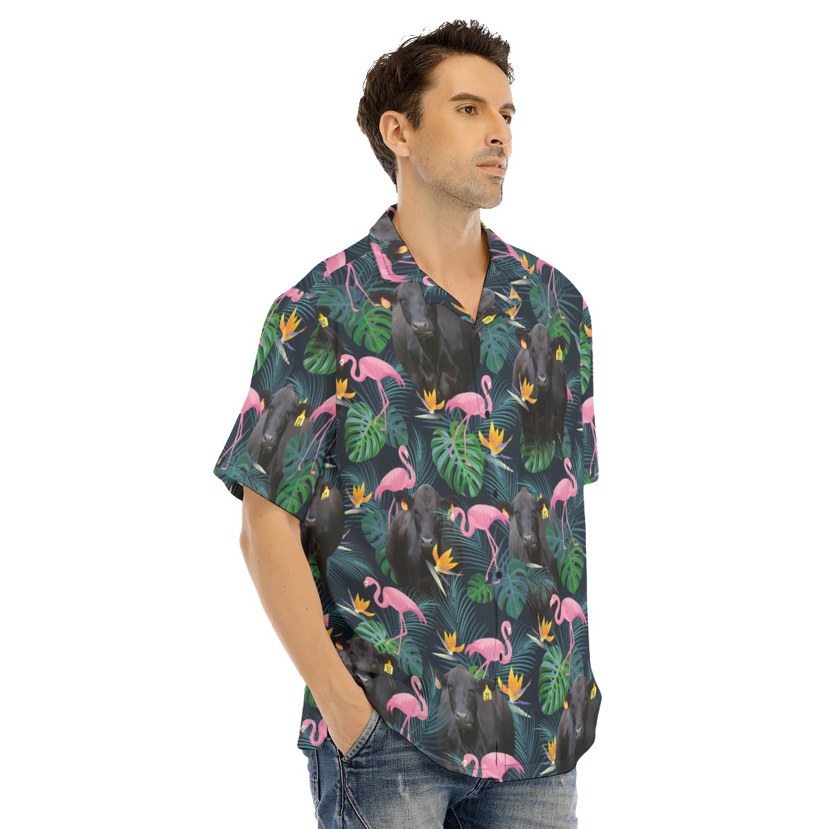 Tropical Flamingo Black Cow Hawaiian Shirt