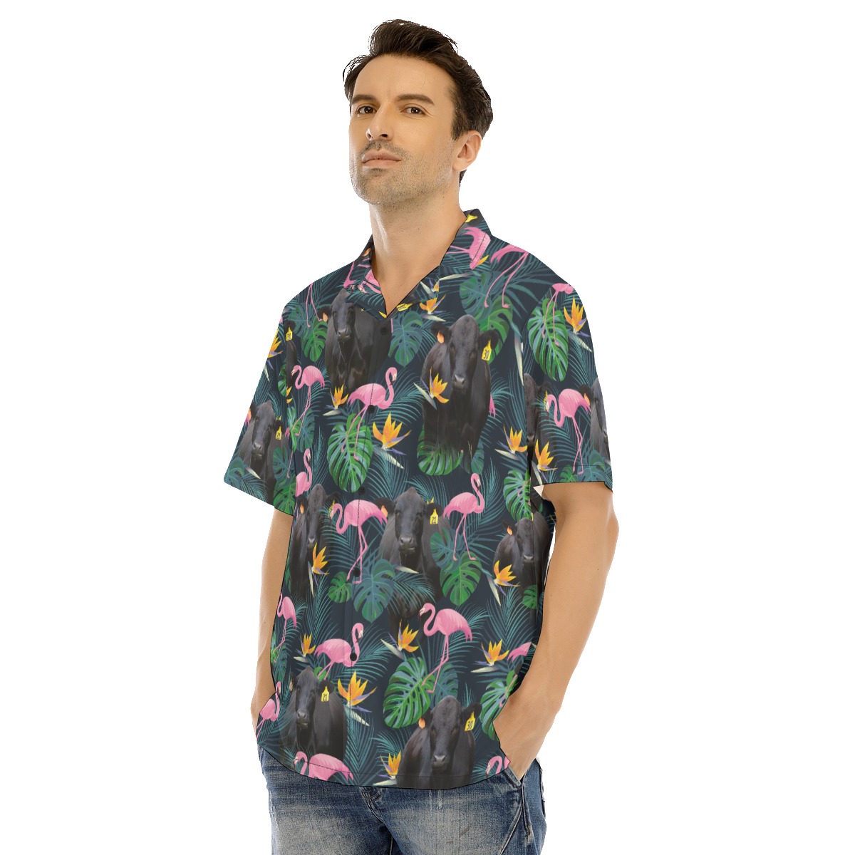 Tropical Flamingo Black Cow Hawaiian Shirt
