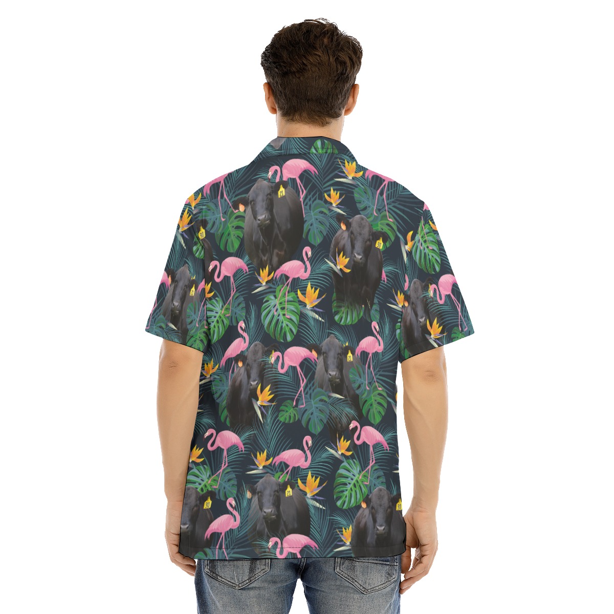 Tropical Flamingo Black Cow Hawaiian Shirt