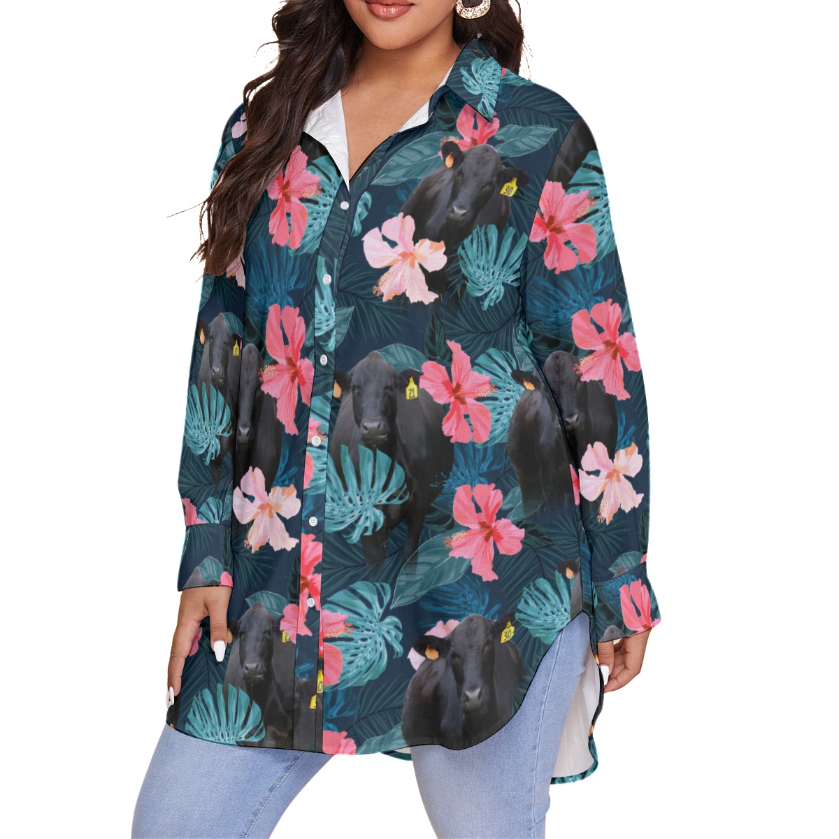 Tropical Hibiscus Black Cow Hawaiian Plus Size Shirt For Women
