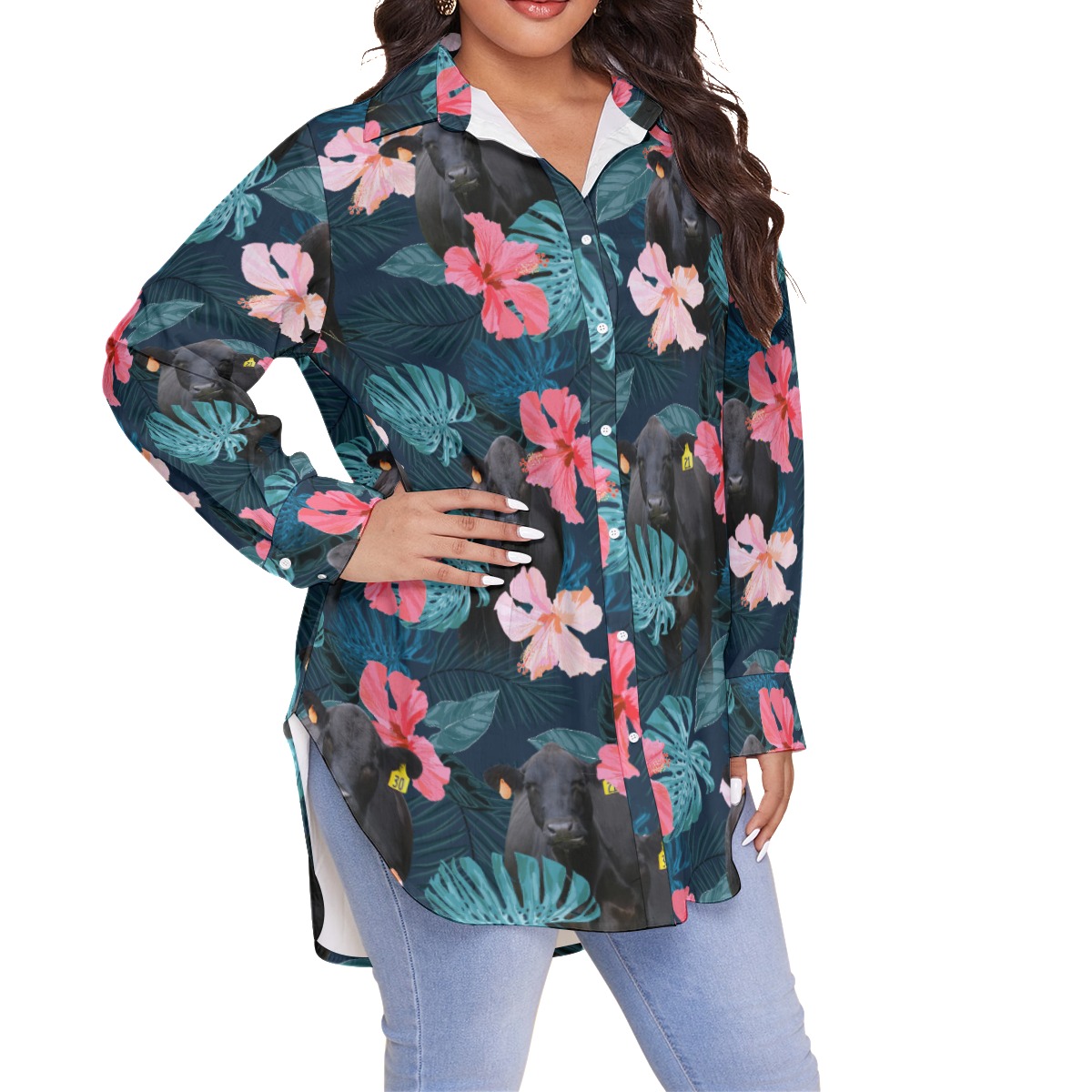 Tropical Hibiscus Black Cow Hawaiian Plus Size Shirt For Women