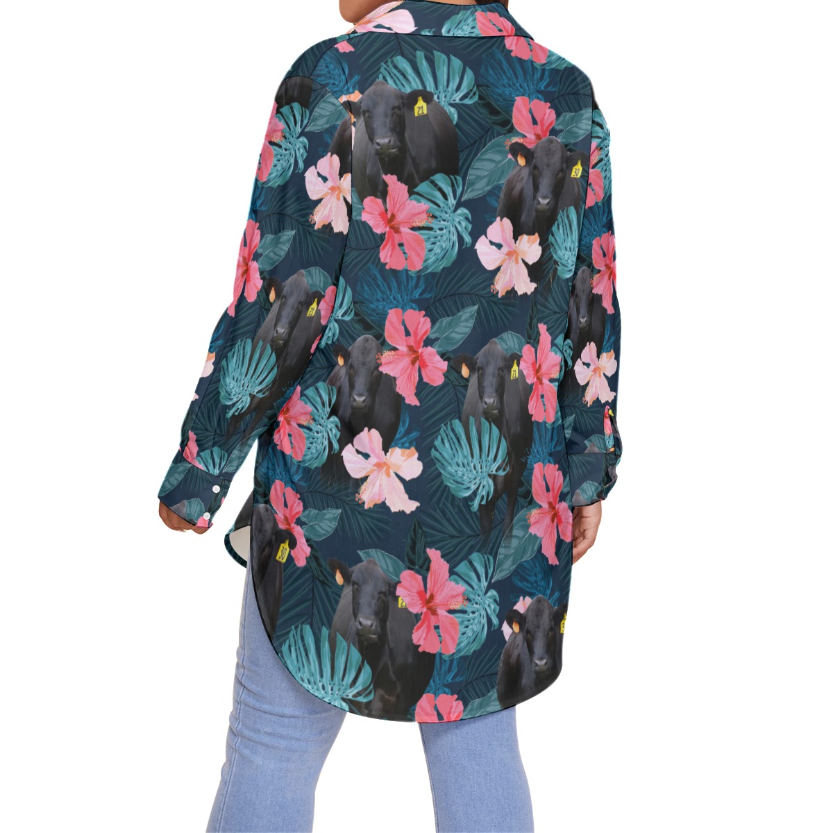 Tropical Hibiscus Black Cow Hawaiian Plus Size Shirt For Women