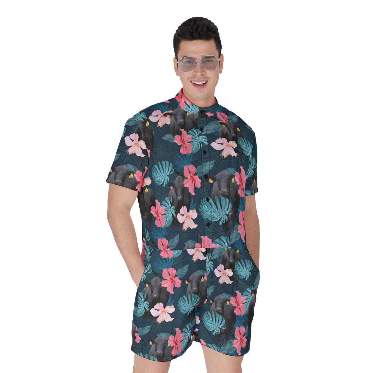 Funny Black Angus Cow Floral Hawaiian Romper For Men - variant image 1