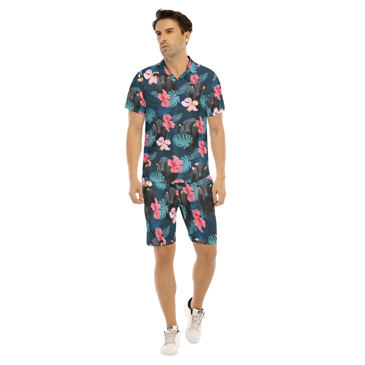 Set Hibiscus Black Angus Cow Hawaiian Shirt And Matching Shorts For Men - variant image 1