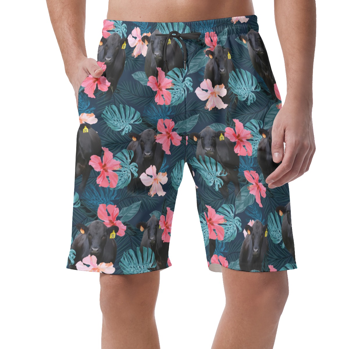 Funny Black Cow Tropical Hibiscus Hawaiian Beach Shorts For Men - variant image 1
