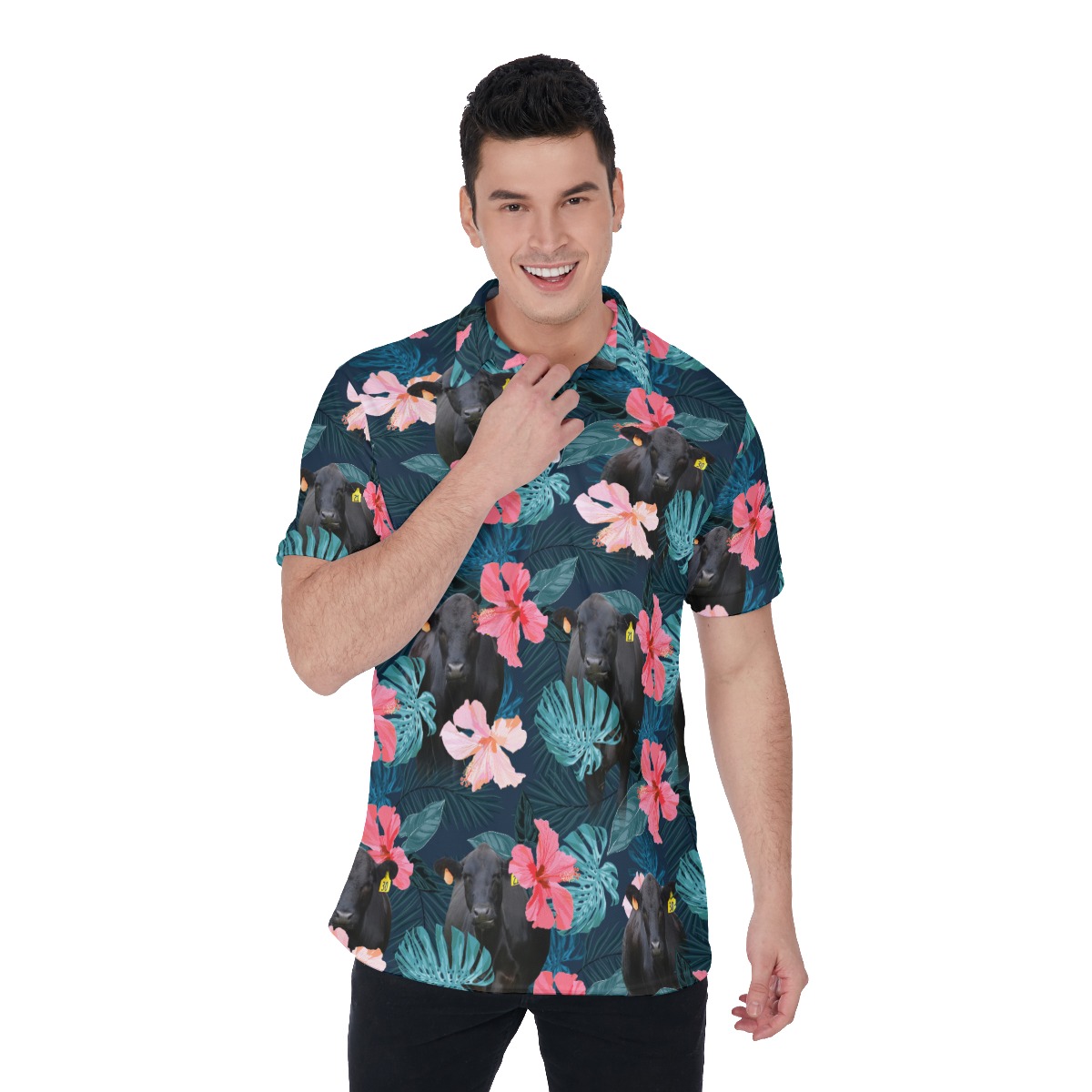 Black Angus Cow Floral Hawaiian Polo Shirt For Men - variant image 1