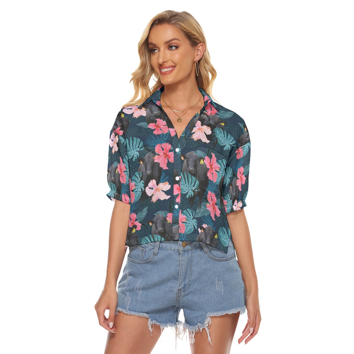 Black Angus Cow Tropical Hawaiian Cropped Shirt For Women - variant image 1