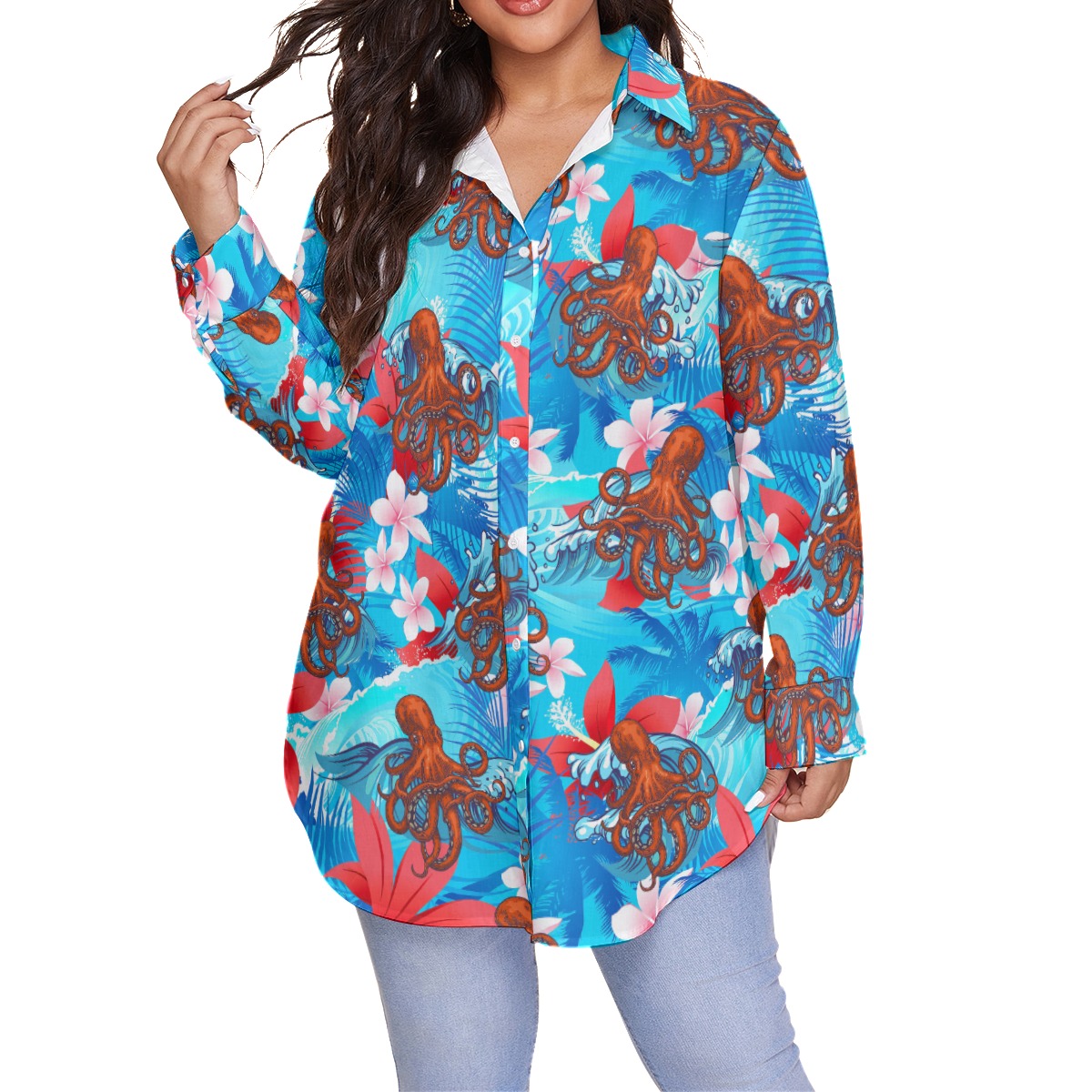 Hibiscus Octopus Hawaiian Plus Size Shirt For Women - variant image 1