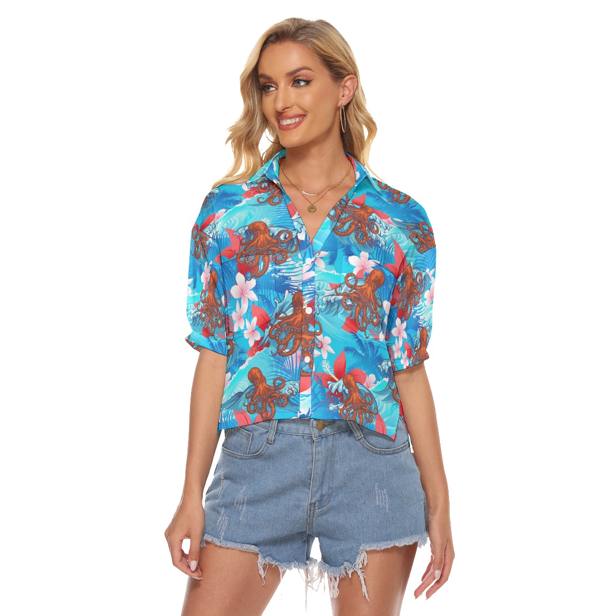 Ocean Octopus Hibiscus Blue Hawaiian Crop Top Shirt For Women - variant image 1
