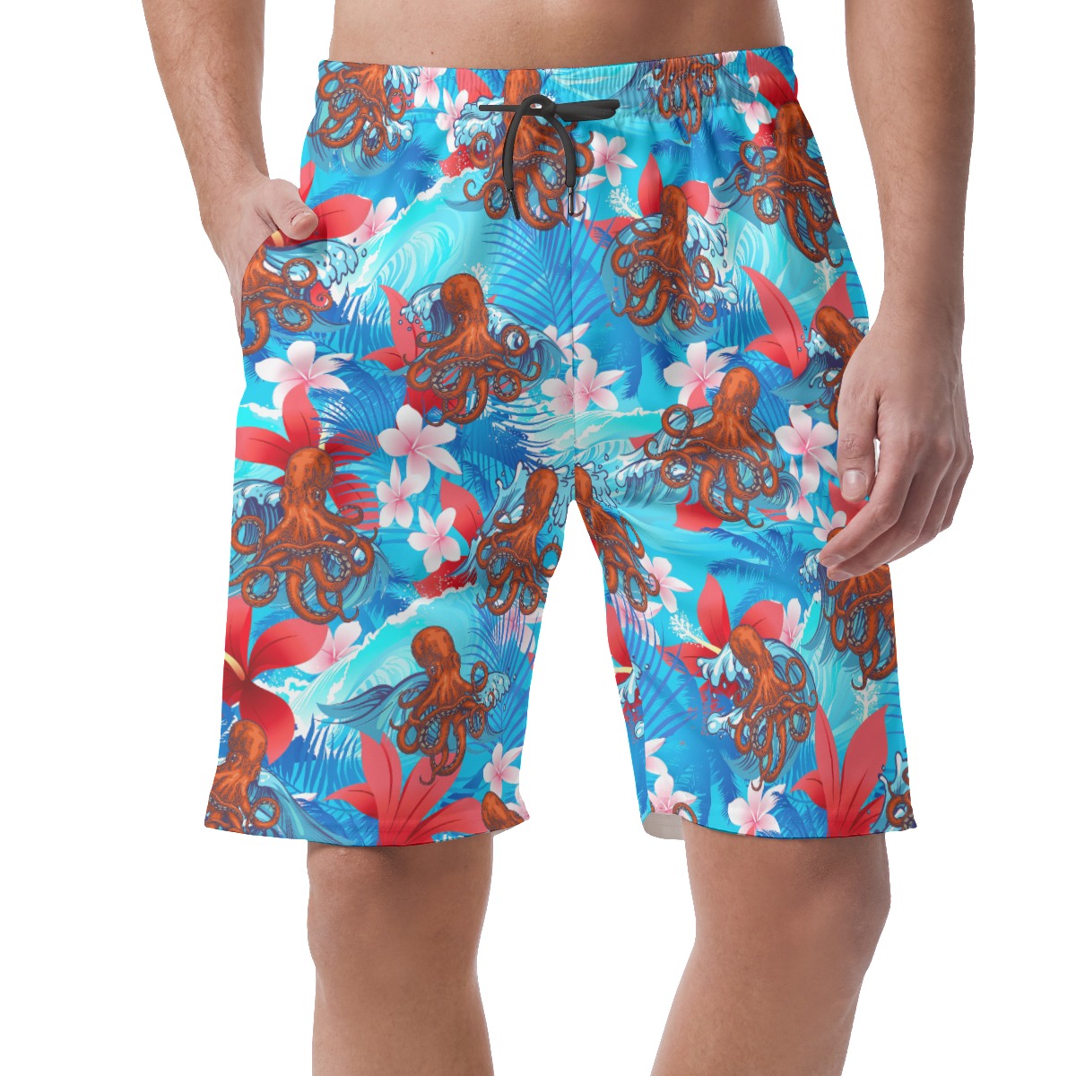 Funny Ocean Octopus Blue Floral Hawaiian Shorts For Men - variant image 1