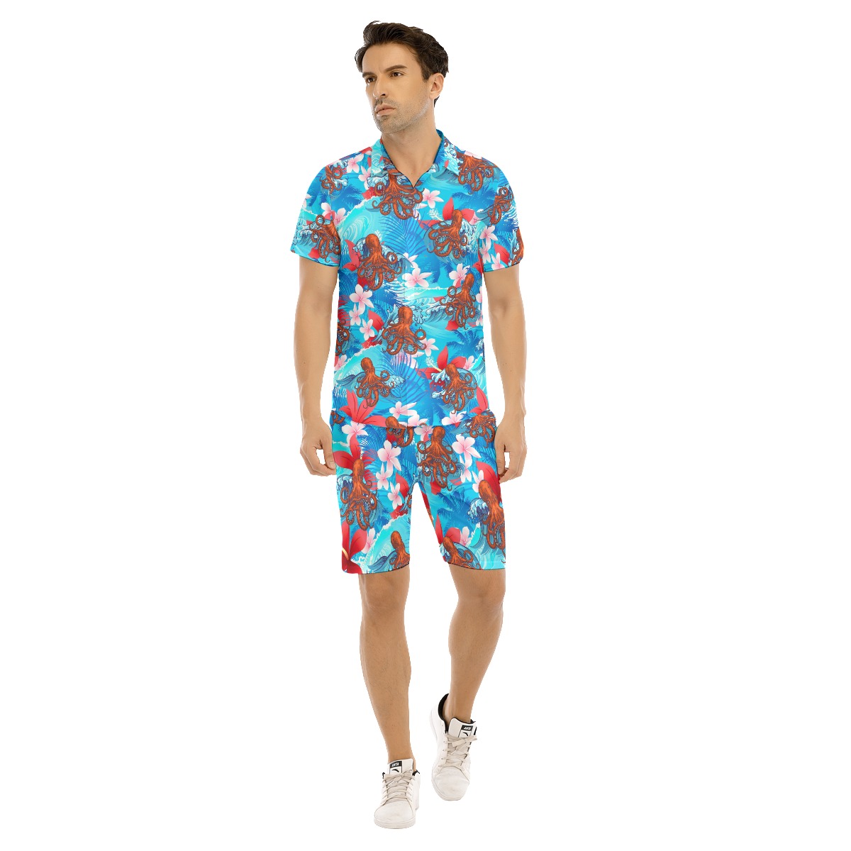Set Octopus Floral Blue Hawaiian Shirt And Matching Shorts For Men - variant image 1