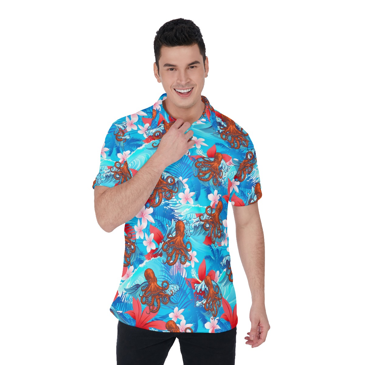 Hibiscus Blue Octopus Hawaiian Polo Shirt - variant image 1