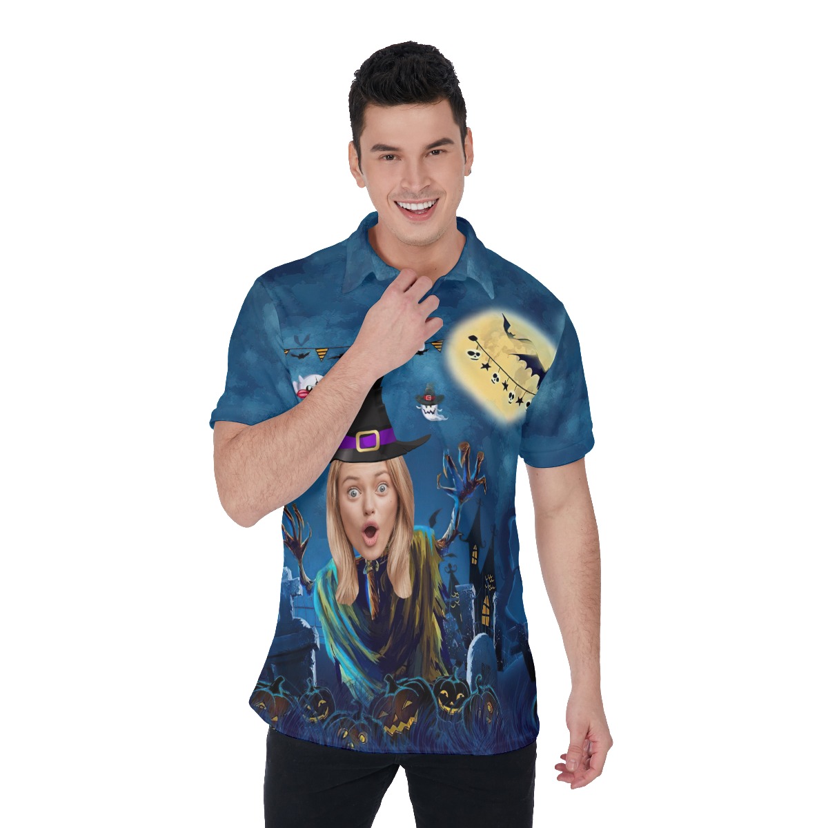 Custom Face Horror Hawaiian Polo Shirt Funny Halloween Witch - variant image 1