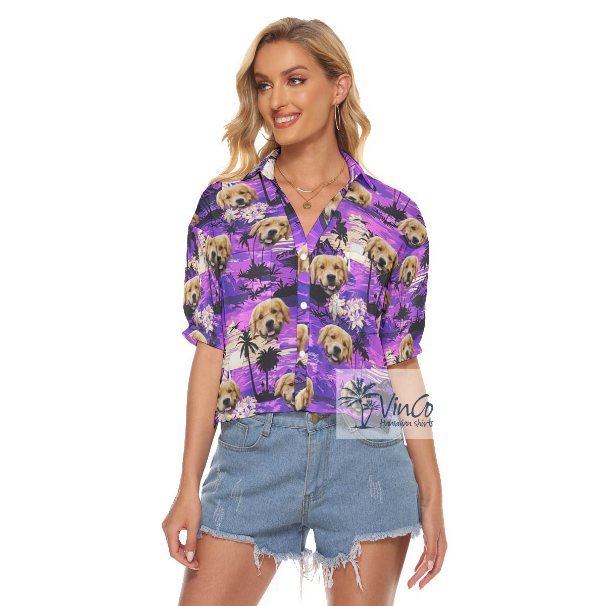 Custom Dog Face Aloha Crop Top Shirt Tropical Beach Scene - variant image 1