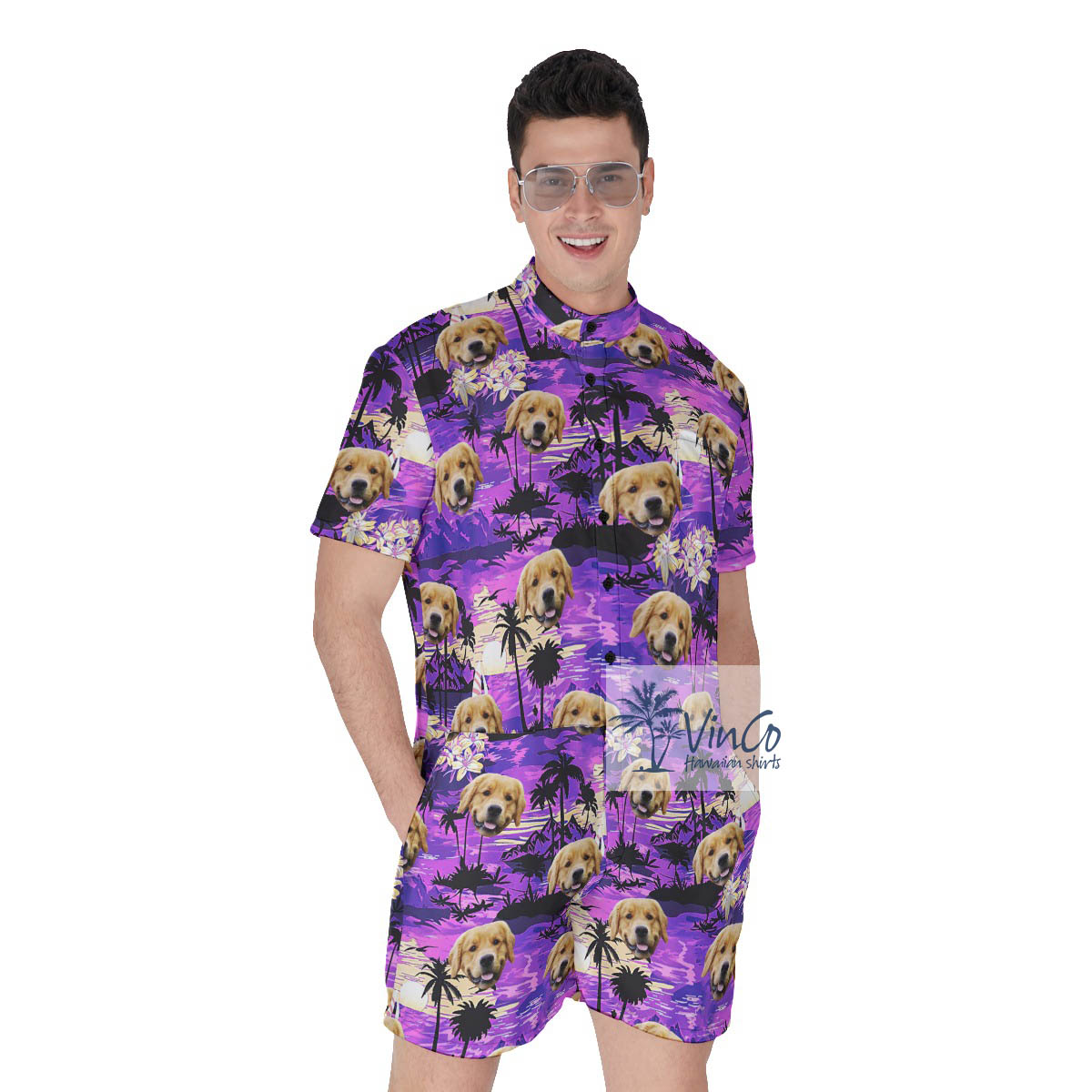 Tropical Sunset Beach Scene Custom Dog Face Hawaiian Romper For Men - variant image 1