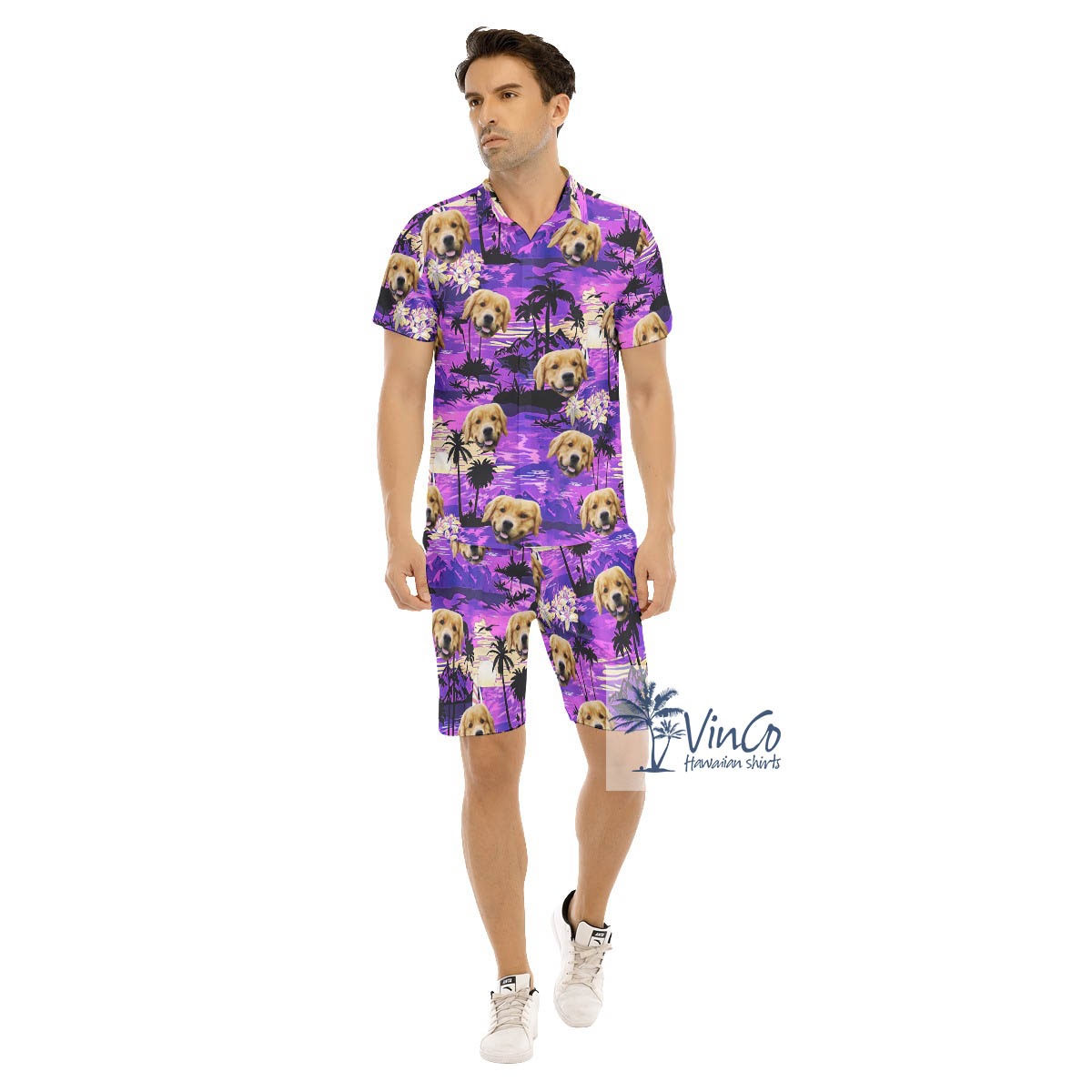 Custom Dog Face Tropical Sunset Beach Hawaiian Shirt And Matching Shorts For Men - variant image 1