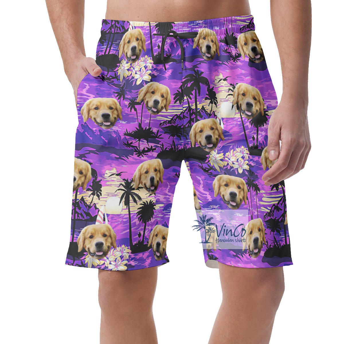 Tropical Sunset Beach Custom Dog Face Hawaiian Shorts For Men - variant image 1