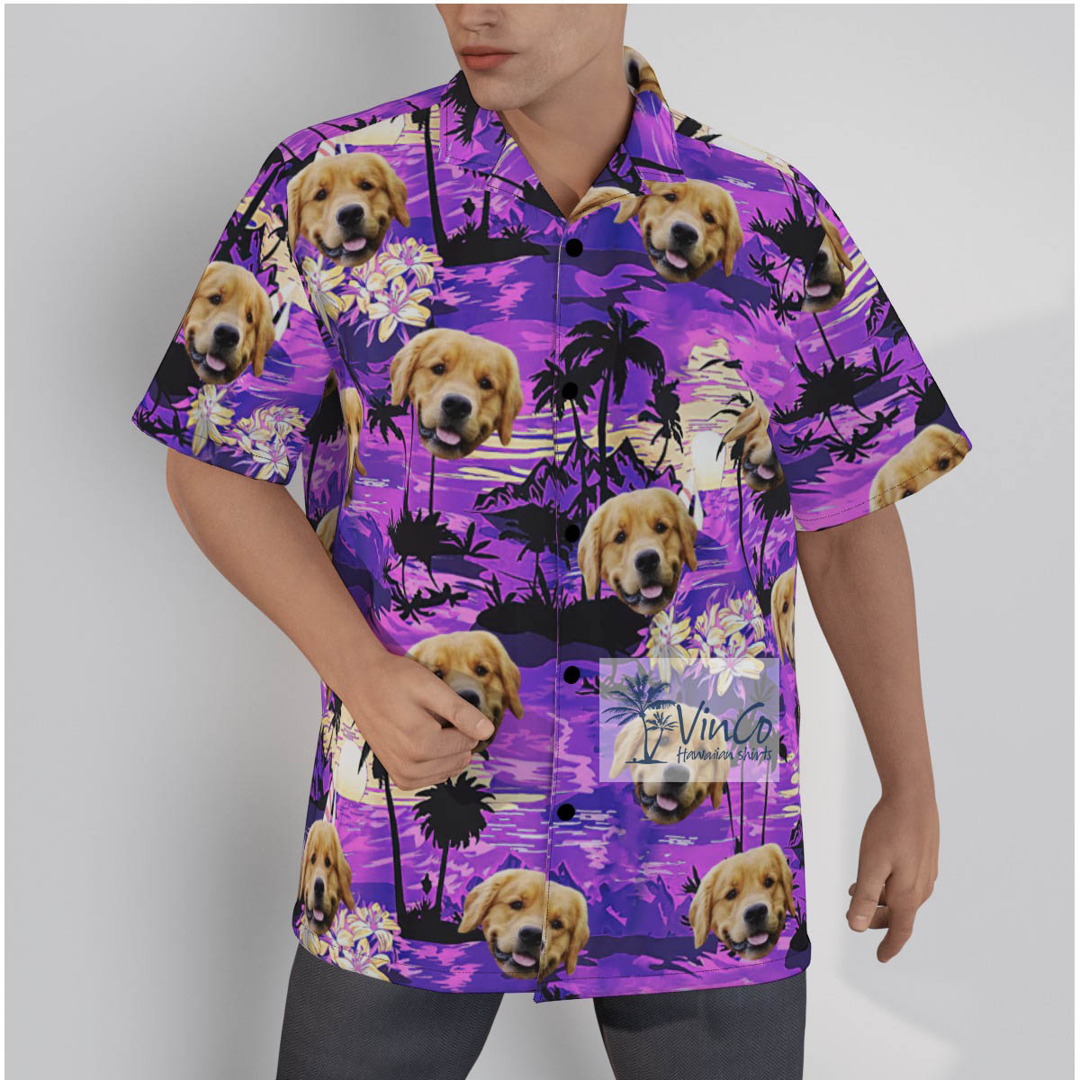 Custom Dog Face Hawaiian Shirt Tropical Sunset Beach - variant image 1