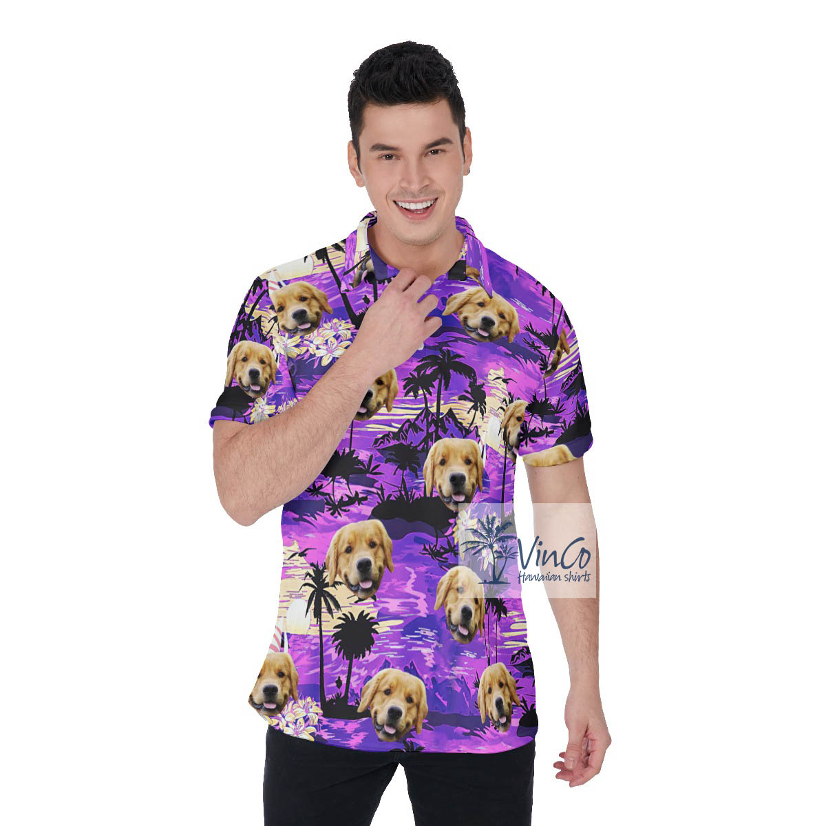 Custom Dog Face Tropical Sunset Beach Hawaiian Golf Shirt - variant image 1
