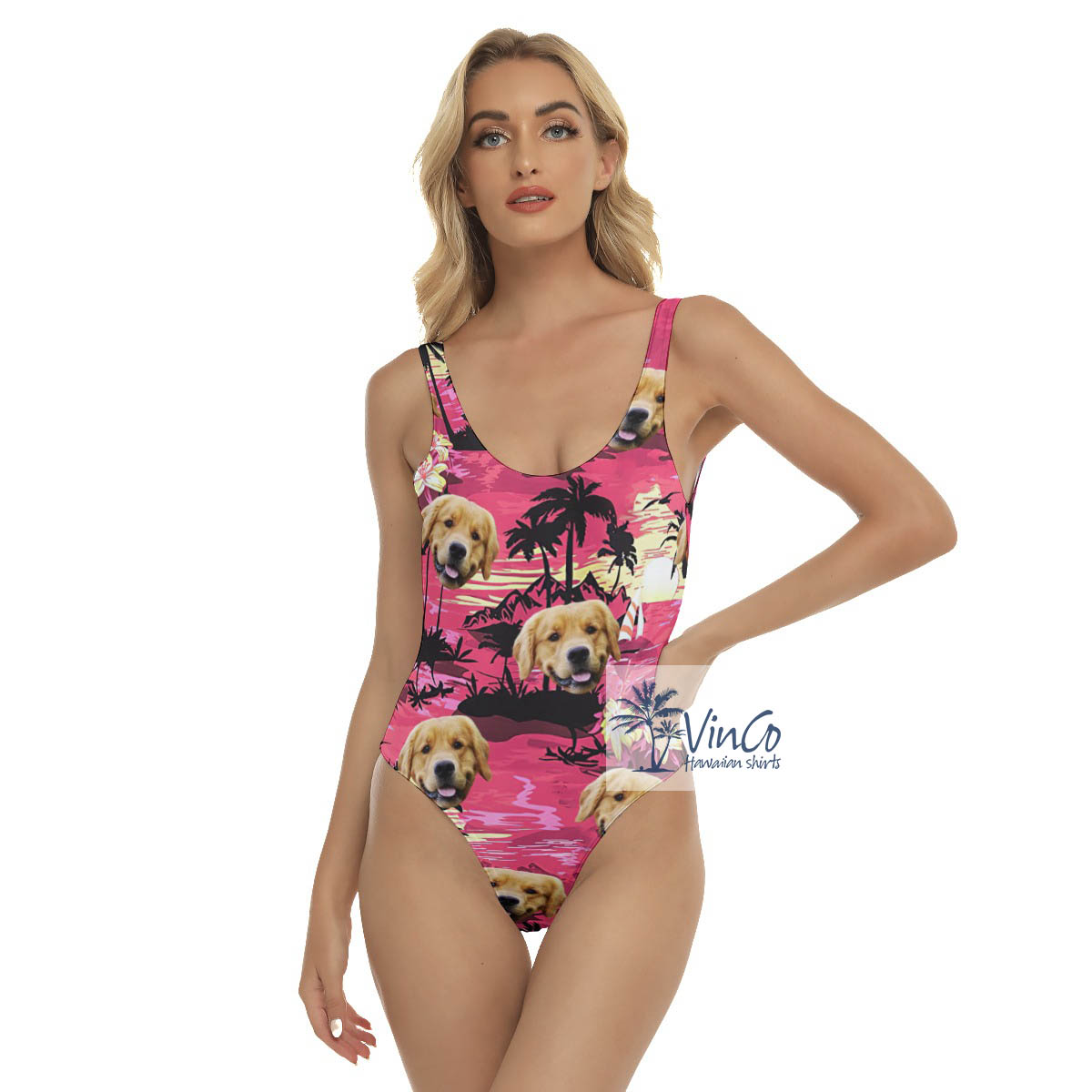 Funny Custom Hawaiian Swimsuit With Dog Face Tropical Beach Sunset Time - variant image 1