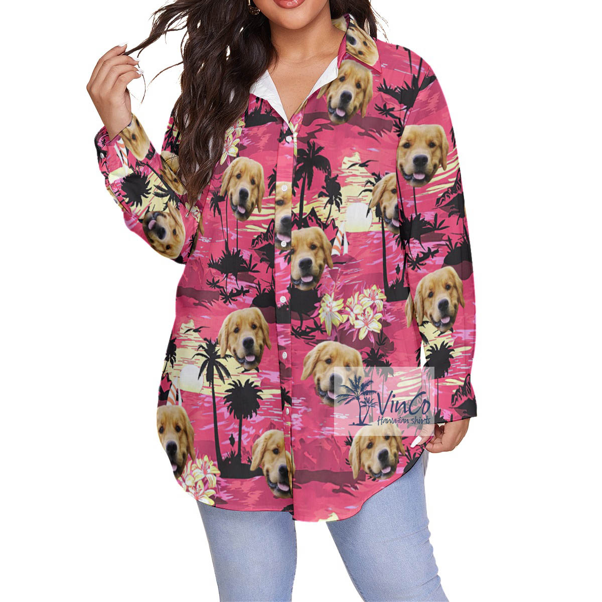 Custom Pet Face Tropical Beach Palm Trees Hawaiian Blouse Shirt - variant image 1