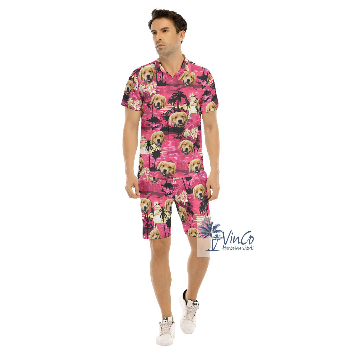 Set Hawaiian Shirt And Shorts With Custom Dog Face Tropical Sunset Beach - variant image 1