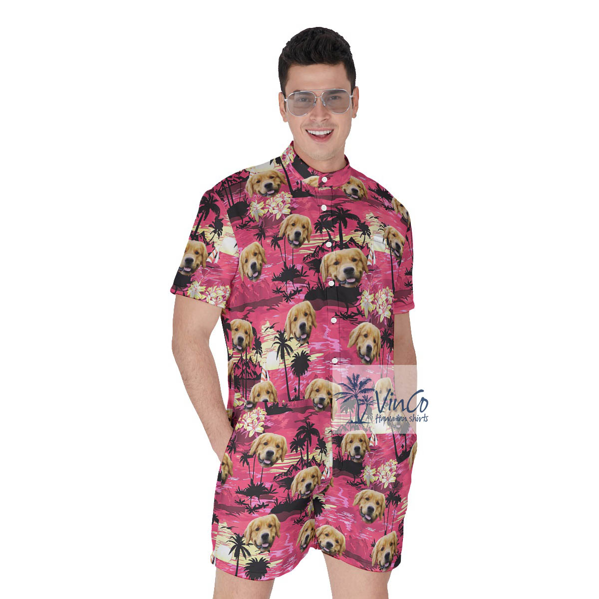 Tropical Beach Sunset Time Custom Dog Face Hawaiian Romper For Men - variant image 1
