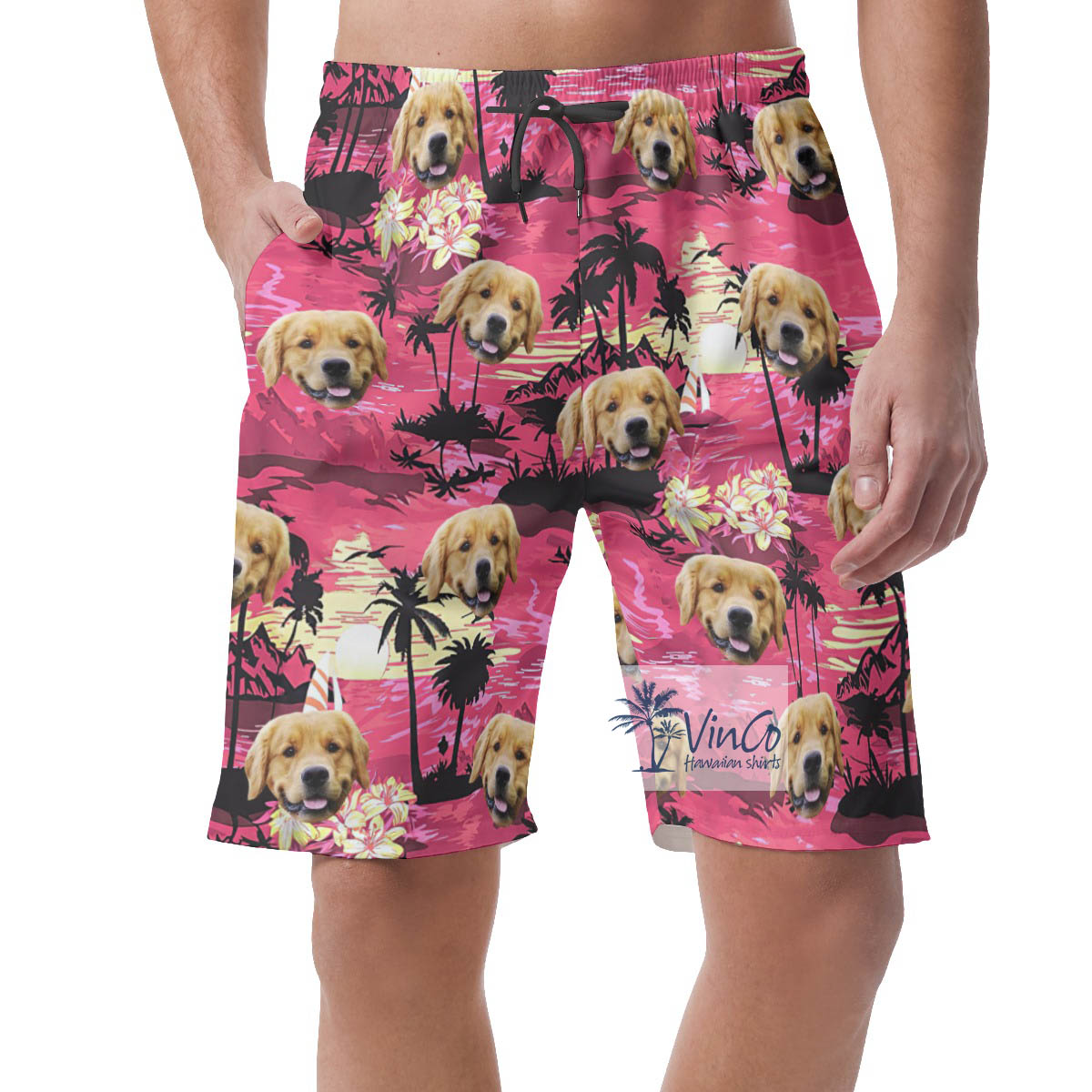 Funny Custom Dog Face Beach Theme Pink Hawaiian Summer Shorts For Men - variant image 1