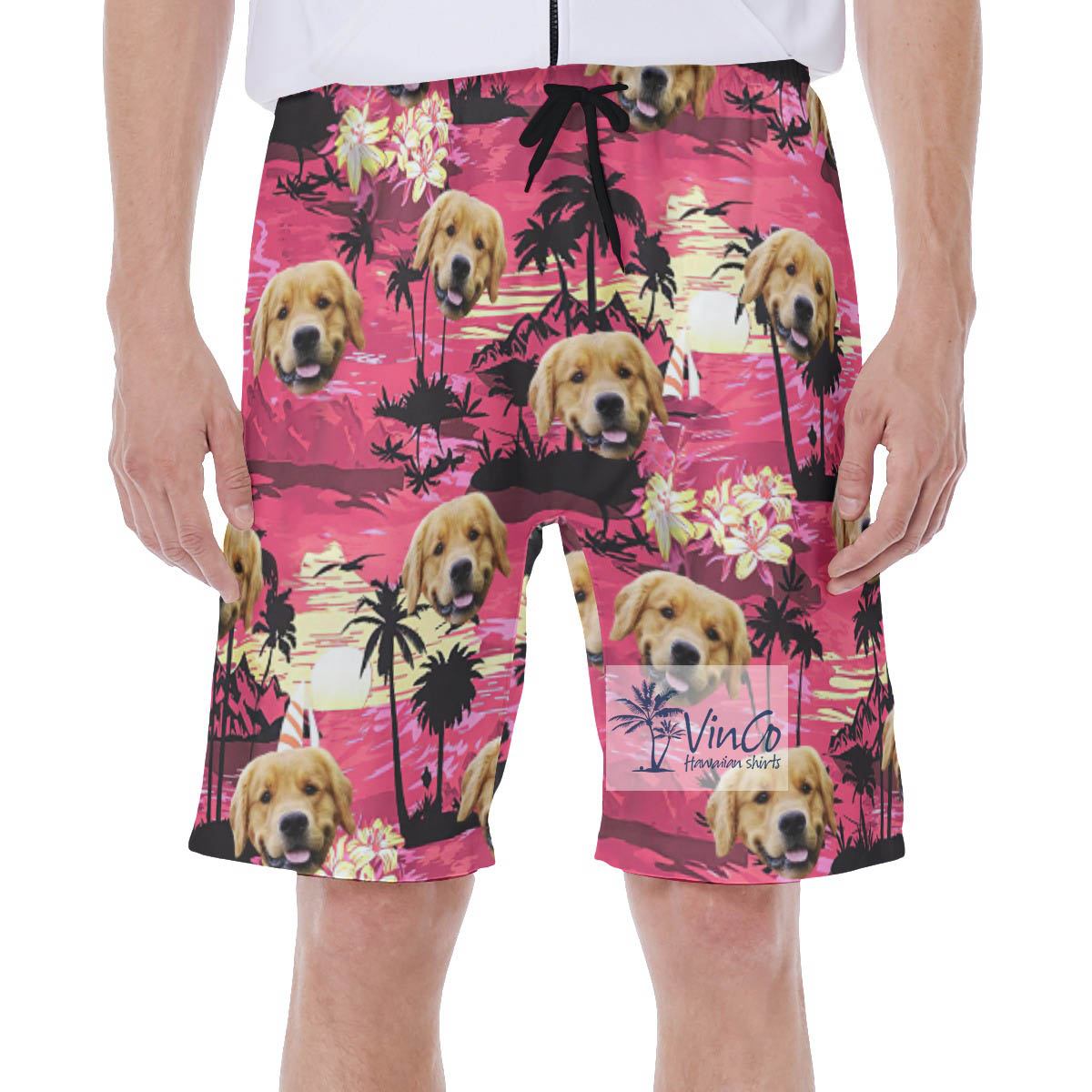 Funny Custom Tropical Beach Scene Hawaiian Swim Trunks With Dog Face - variant image 1