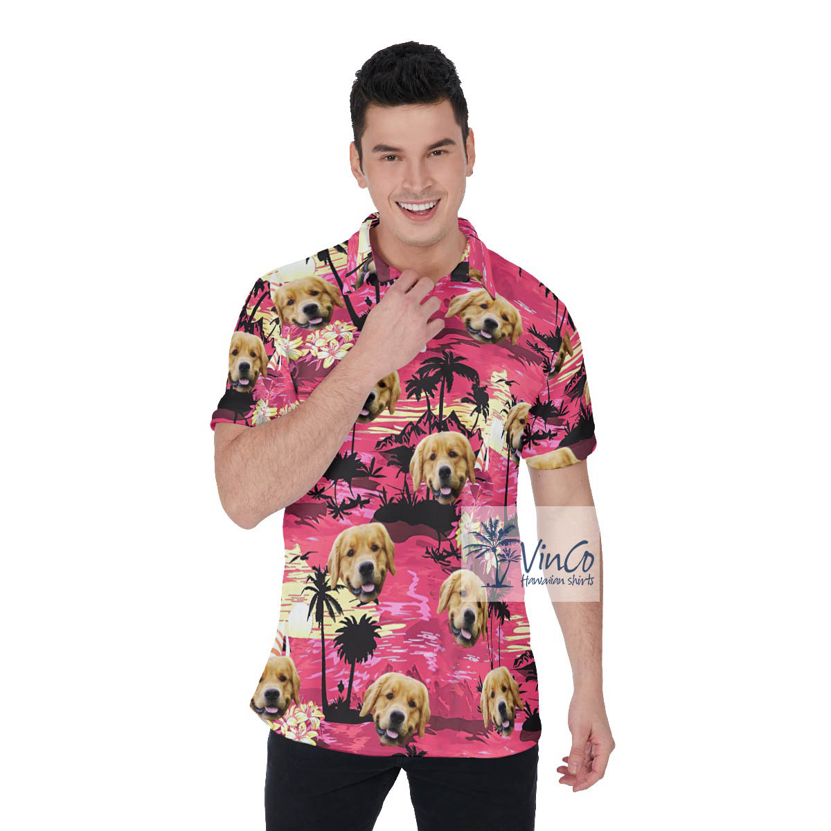 Tropical Palm Trees Beach Theme Custom Dog Face Hawaiian Polo Shirt - variant image 1