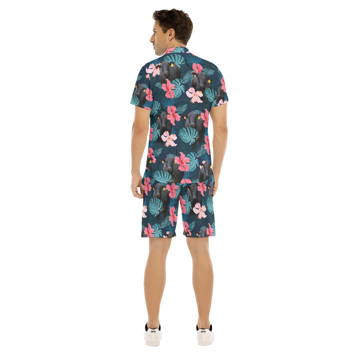 Set Hibiscus Black Angus Cow Hawaiian Shirt And Matching Shorts For Men