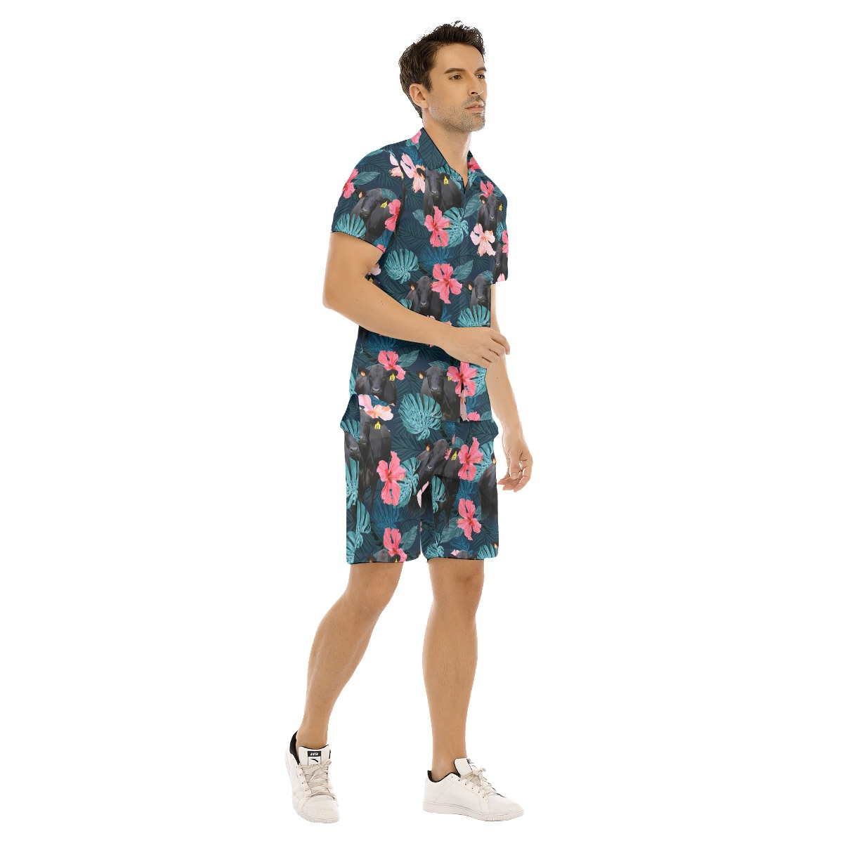Set Hibiscus Black Angus Cow Hawaiian Shirt And Matching Shorts For Men
