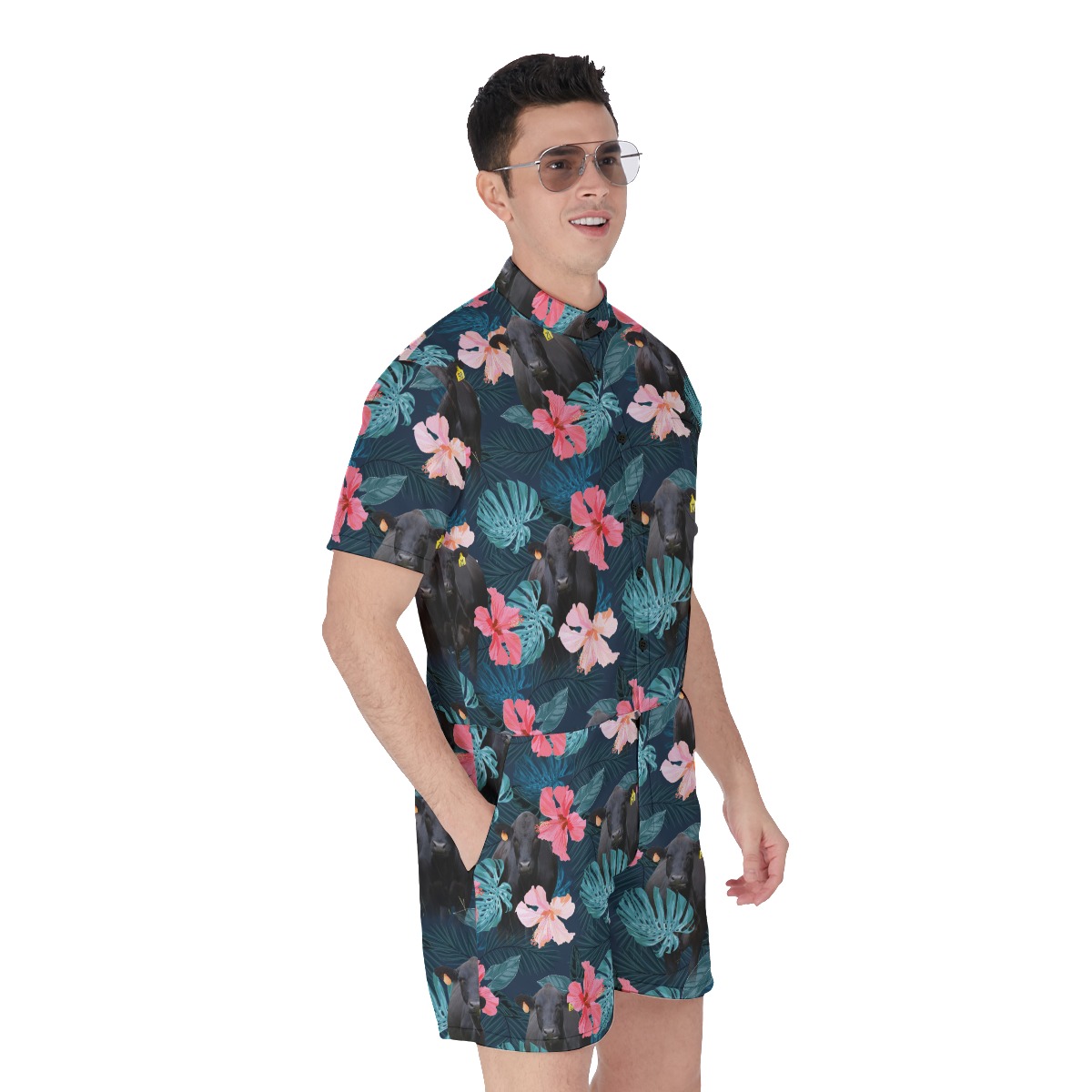 Funny Black Angus Cow Floral Hawaiian Romper For Men