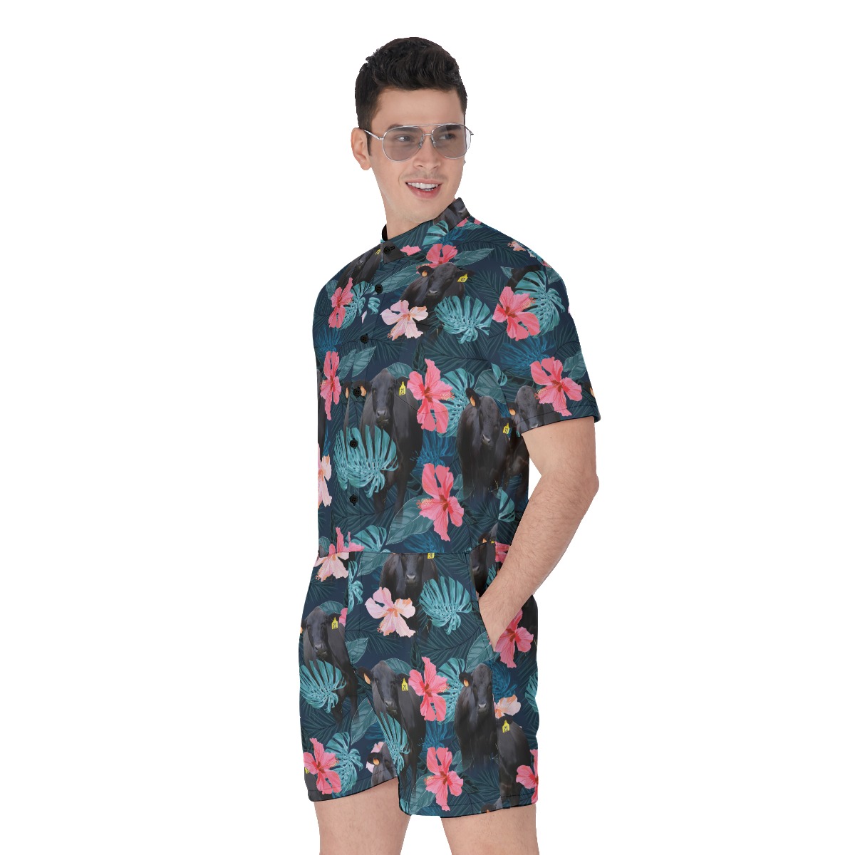 Funny Black Angus Cow Floral Hawaiian Romper For Men