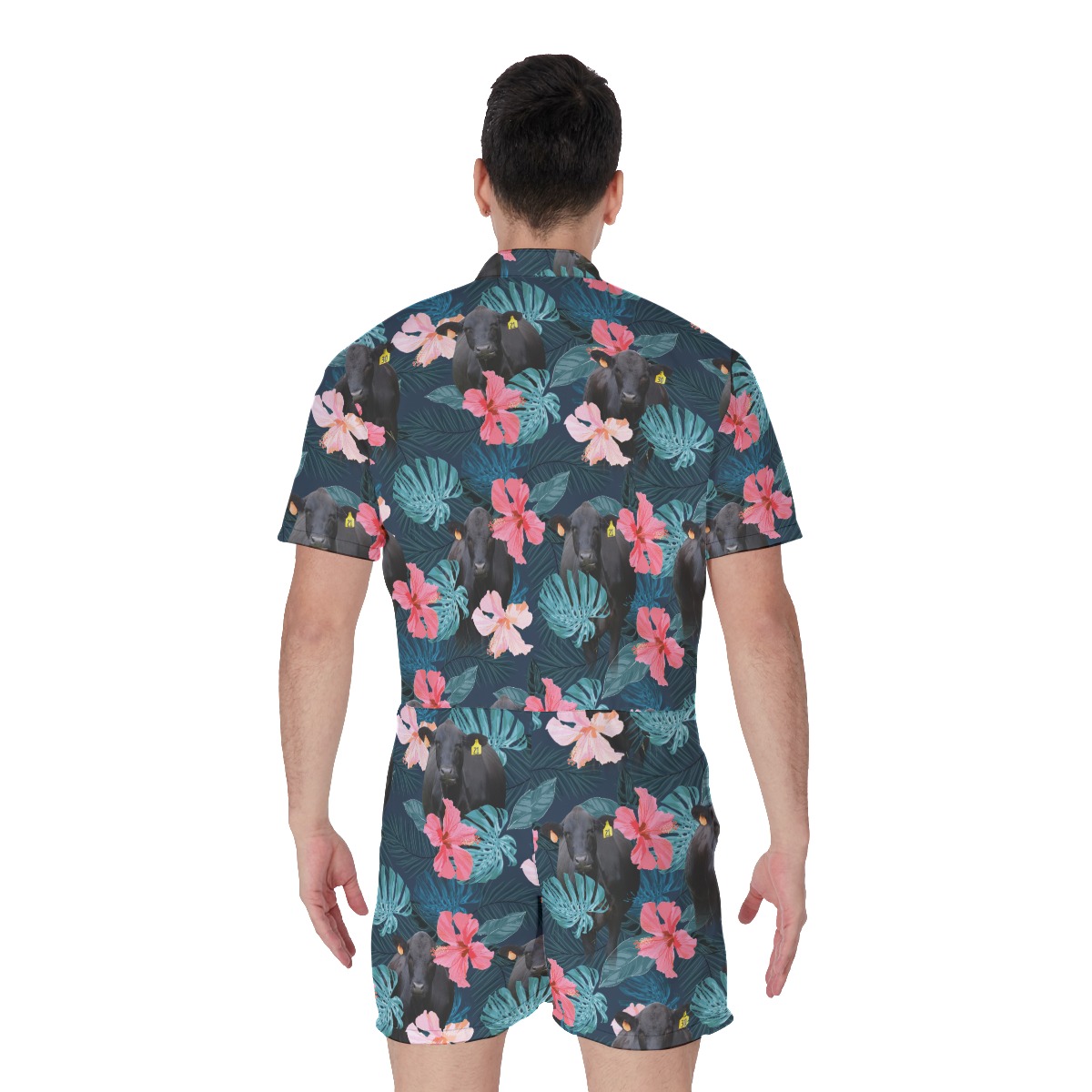 Funny Black Angus Cow Floral Hawaiian Romper For Men