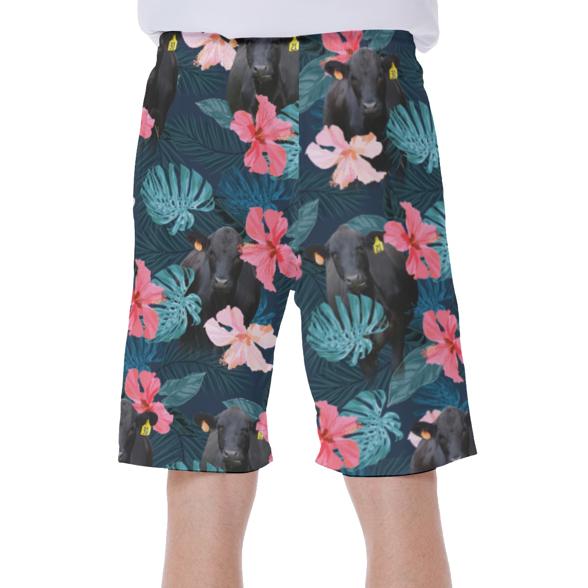 Tropical Black Cow Hibiscus Hawaiian Swim Trunks For Men