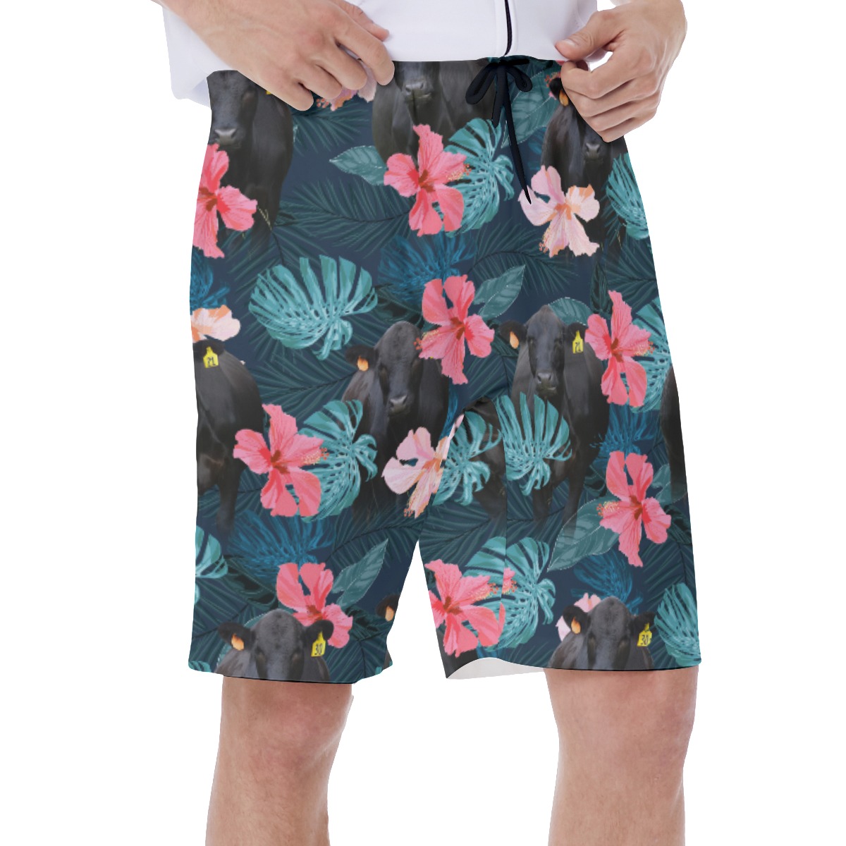 Tropical Black Cow Hibiscus Hawaiian Swim Trunks For Men