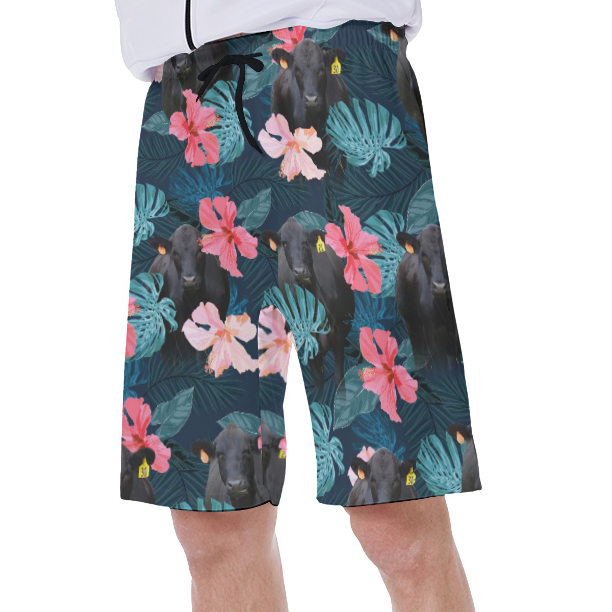 Tropical Black Cow Hibiscus Hawaiian Swim Trunks For Men