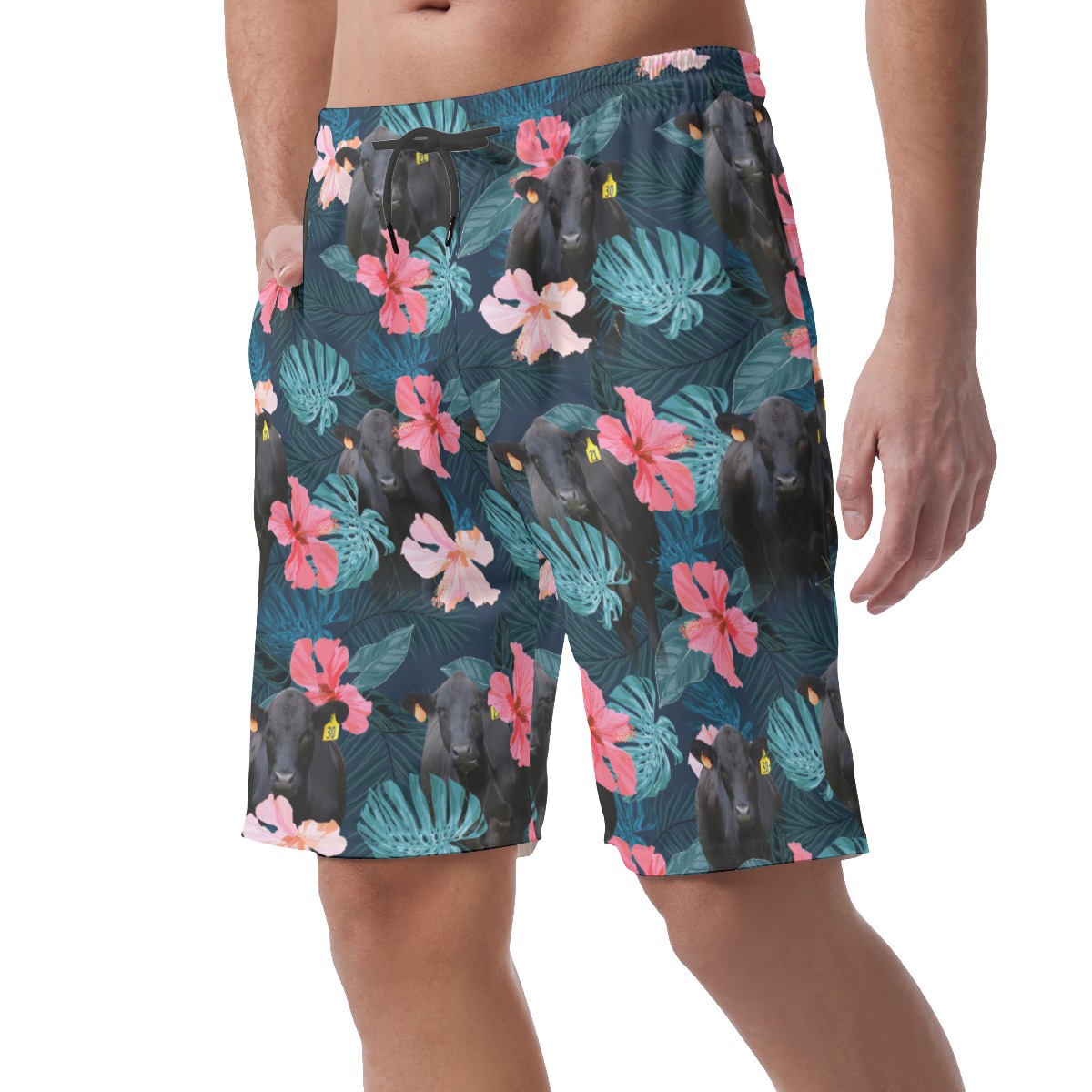 Funny Black Cow Tropical Hibiscus Hawaiian Beach Shorts For Men