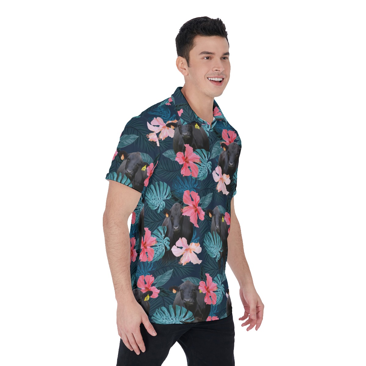 Black Angus Cow Floral Hawaiian Polo Shirt For Men