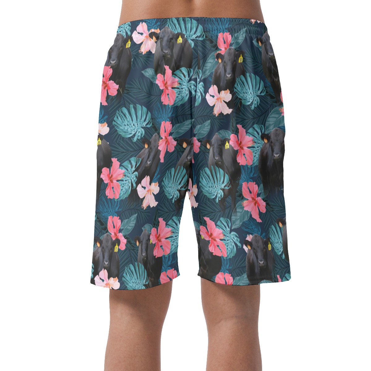 Funny Black Cow Tropical Hibiscus Hawaiian Beach Shorts For Men
