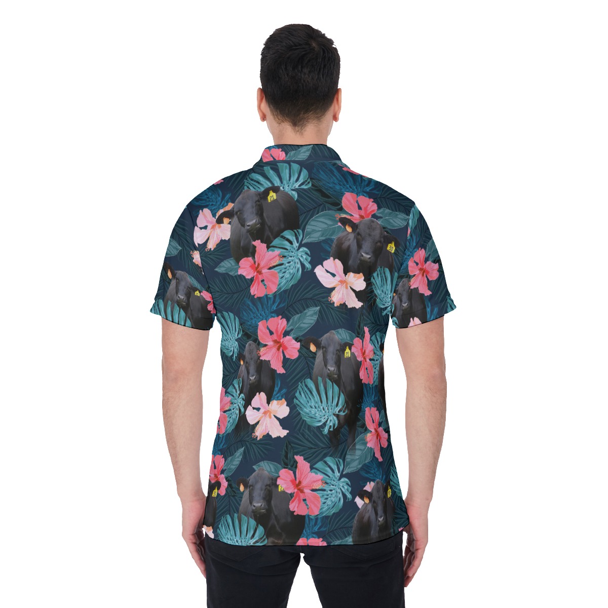 Black Angus Cow Floral Hawaiian Polo Shirt For Men