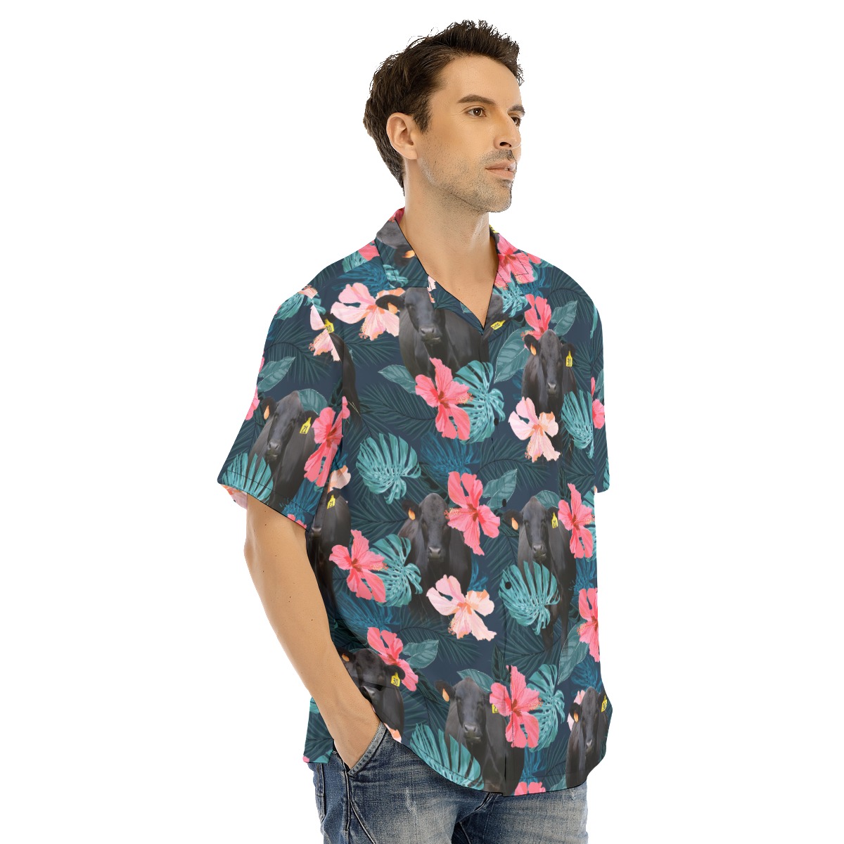 Black Angus Cow Hibiscus Hawaiian Shirt