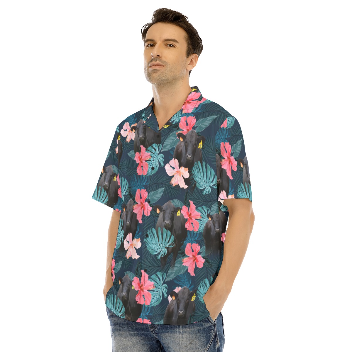 Black Angus Cow Hibiscus Hawaiian Shirt
