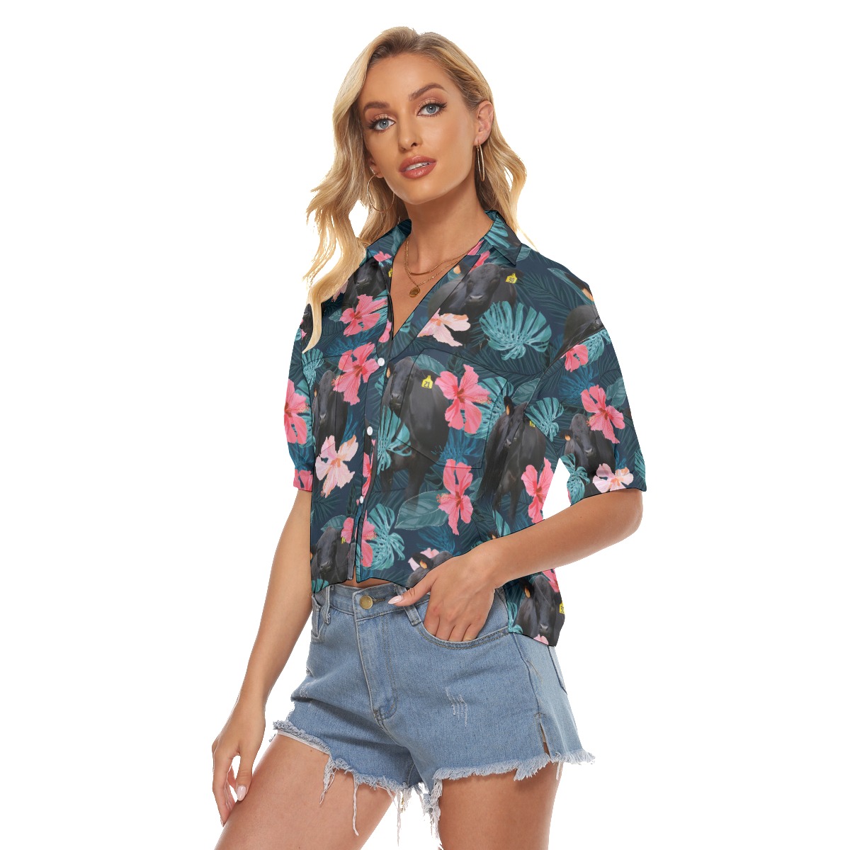 Black Angus Cow Tropical Hawaiian Cropped Shirt For Women