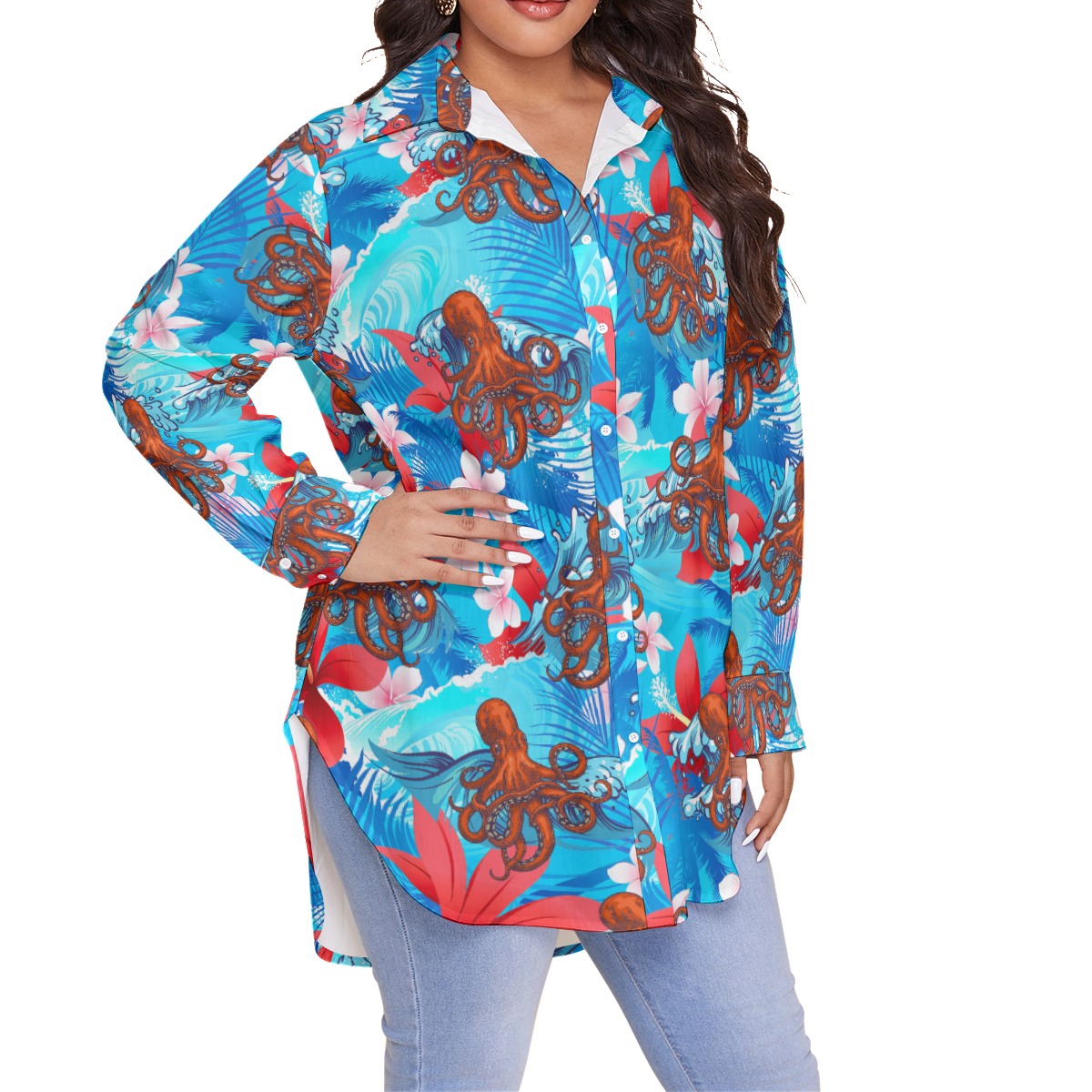 Hibiscus Octopus Hawaiian Plus Size Shirt For Women