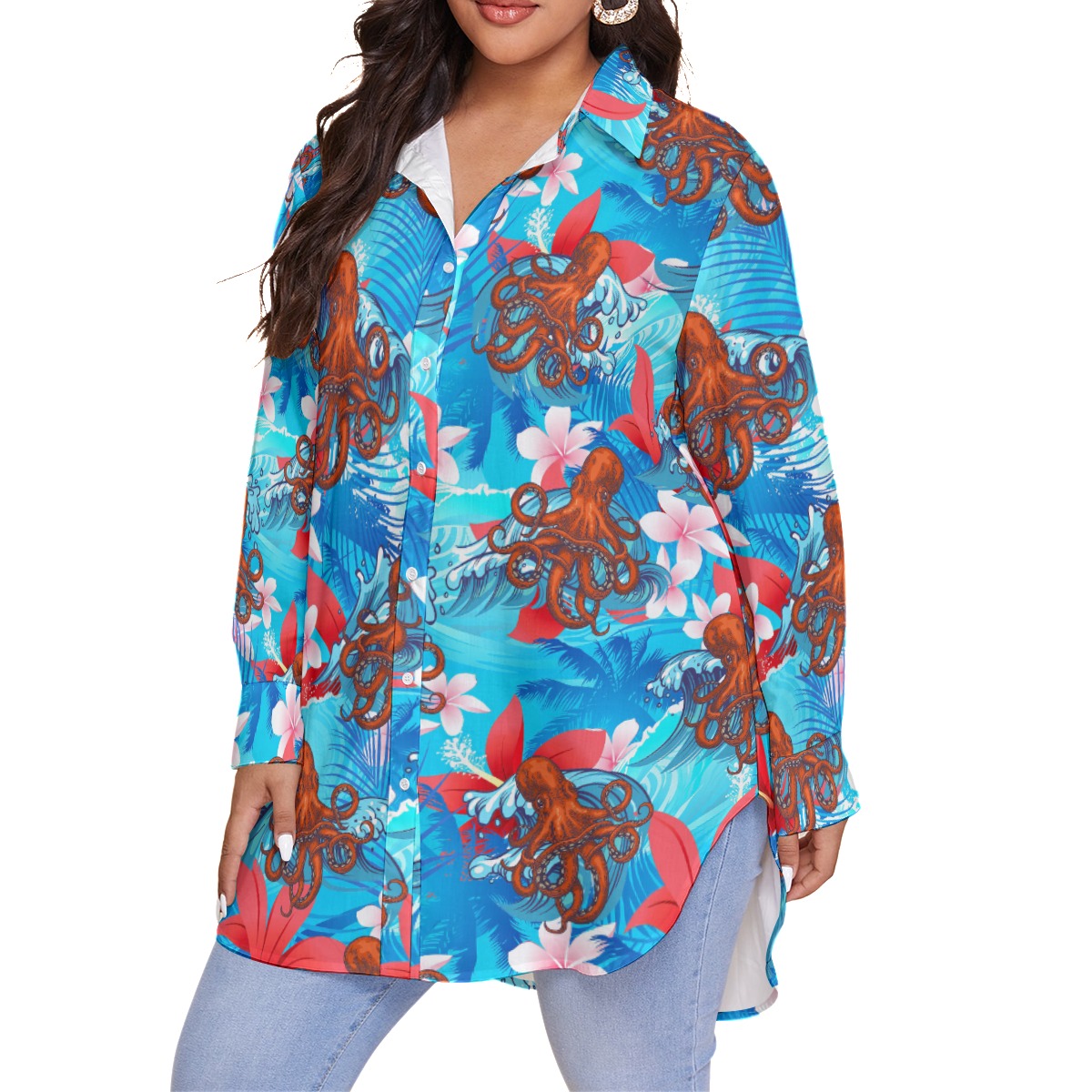 Hibiscus Octopus Hawaiian Plus Size Shirt For Women